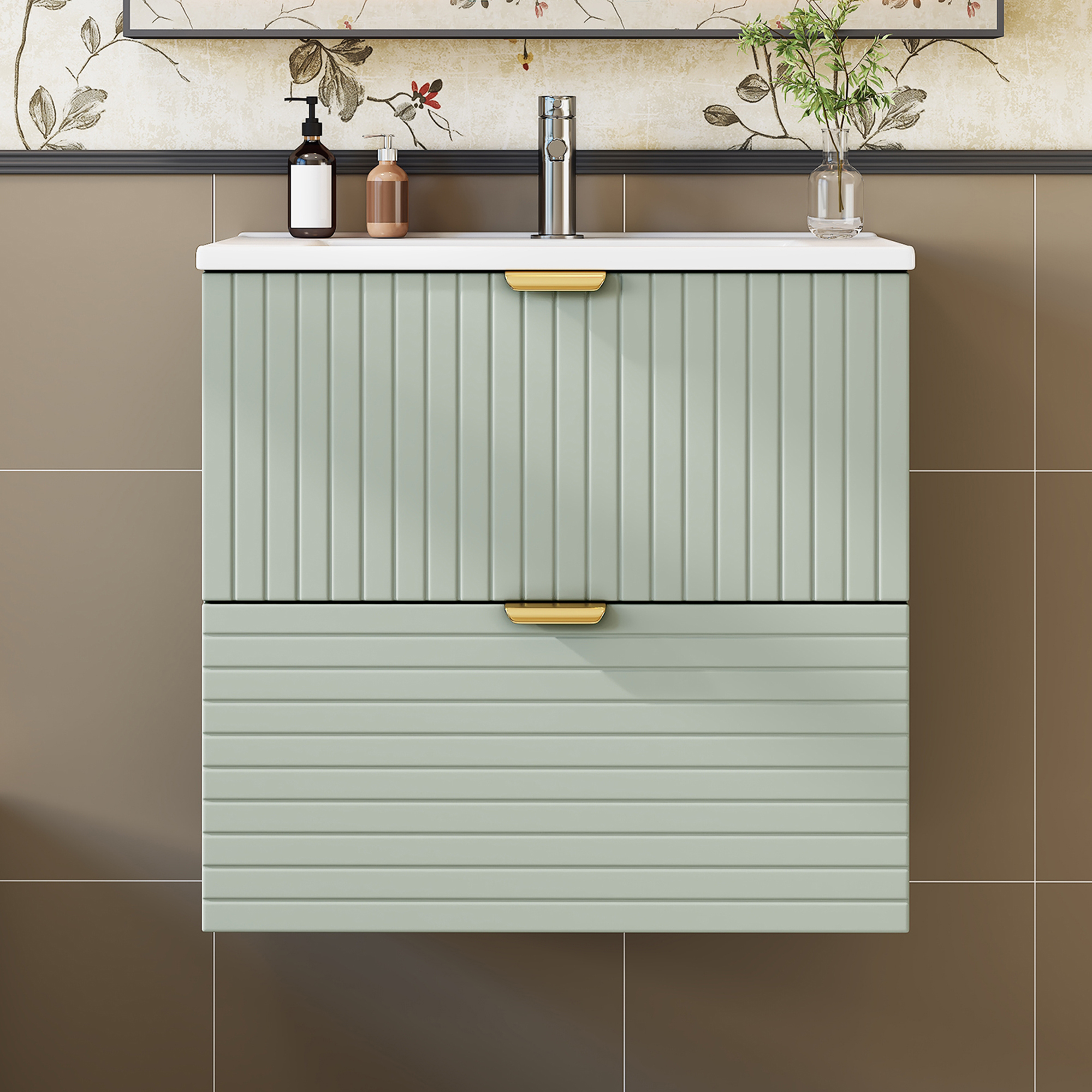 Szafka łazienkowa wisząca z pojedynczą umywalką, niska szafka z umywalką ceramiczną - 2 szuflady - 61 x 46 x 57 cm - MDF - miętowa zieleń