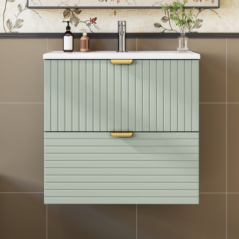 Szafka łazienkowa wisząca z pojedynczą umywalką, niska szafka z umywalką ceramiczną - 2 szuflady - 61 x 46 x 57 cm - MDF - miętowa zieleń