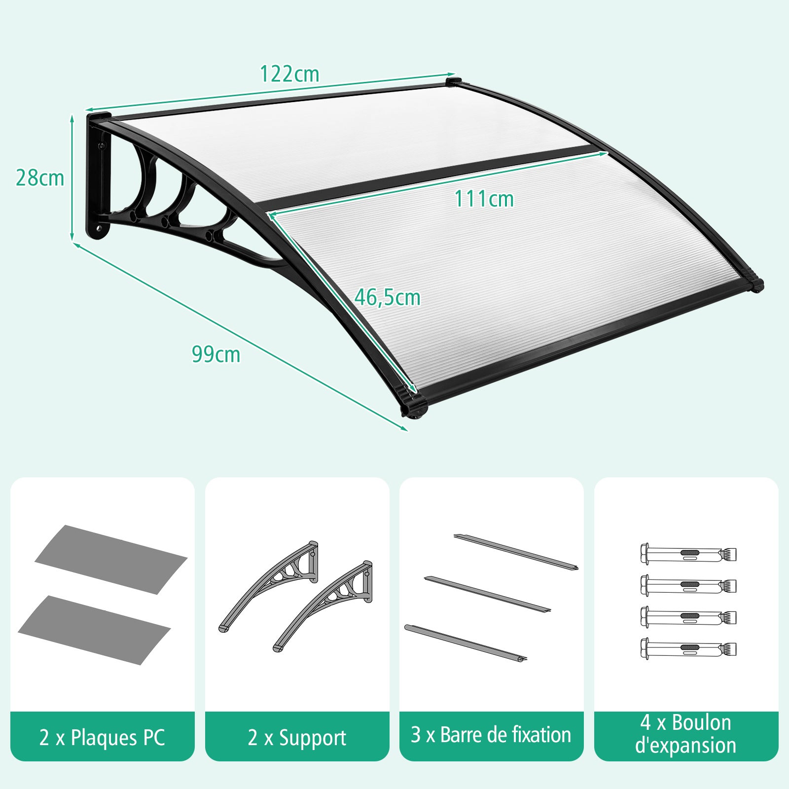 122 x 99 cm Toldo para porta de entrada Proteção solar, toldo para porta e janela exterior Folha de policarbonato (cinzento) - 3
