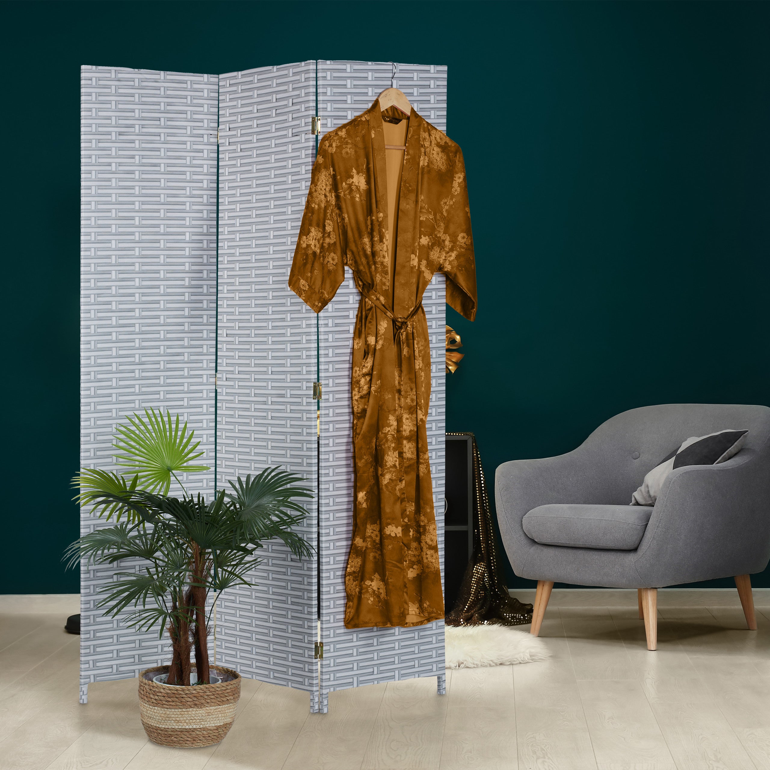Paravent à 3 volets, brise-vue pliable, plastique et bois, H x L : 170 x 120 cm, pour intérieur, gris & blanc, Relaxdays - 2