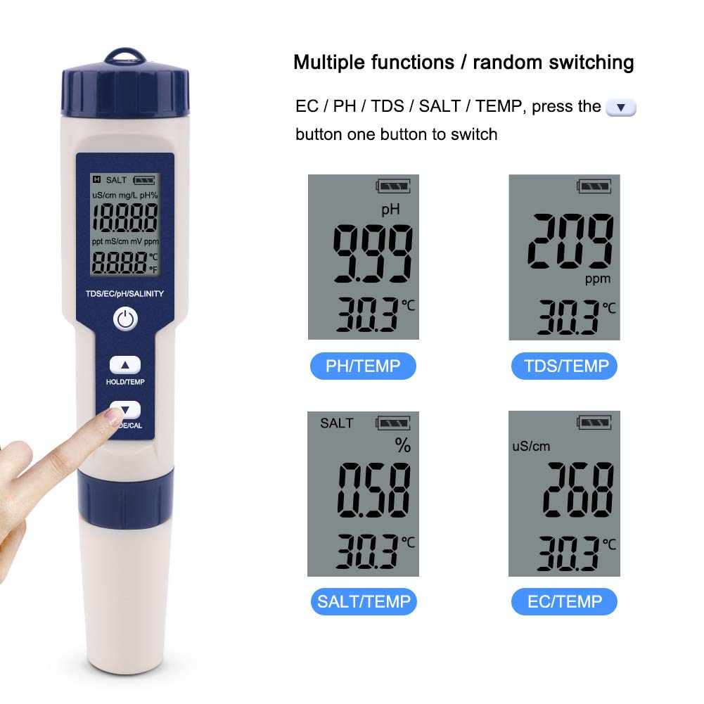 Testeur numérique de qualité de l'eau 5 en 1 avec TDS/EC/PH/salinité/température - 6