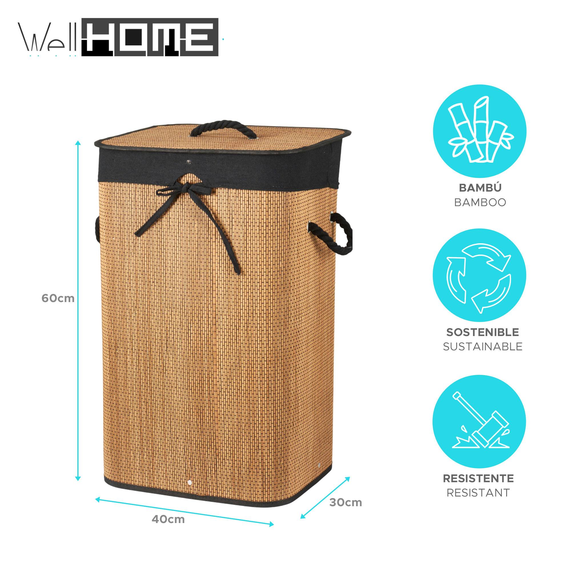 Cesto portabiancheria pieghevole in bambù con fodera in lino color naturale e dettagli neri 40x30x60cm - 2
