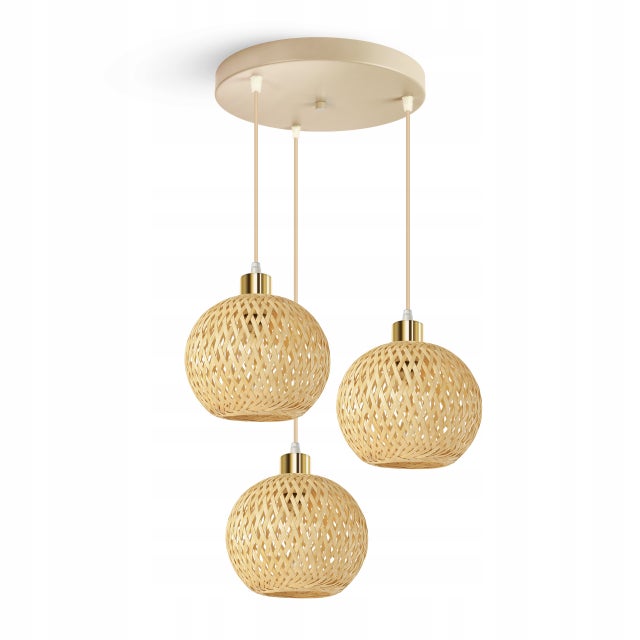 Lampa Wisząca Bambusowa Beżowa Boho 3xE27 Kaskada Regulowana Salon Sypialnia