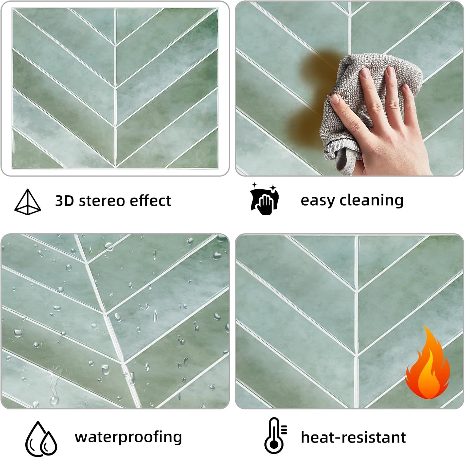 Crédence Carrelage 3D Losange Vert - Lot de 5 Plaques Adhésives Étanches en Forme de Diamant, Style Contemporain - 4
