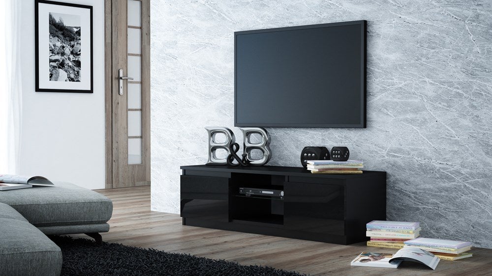 TIVOLI - Meuble TV style moderne - 140x40x36cm - 2 niches + 2 portes - Rangement matériel télé/audio - Noir brillant - 2