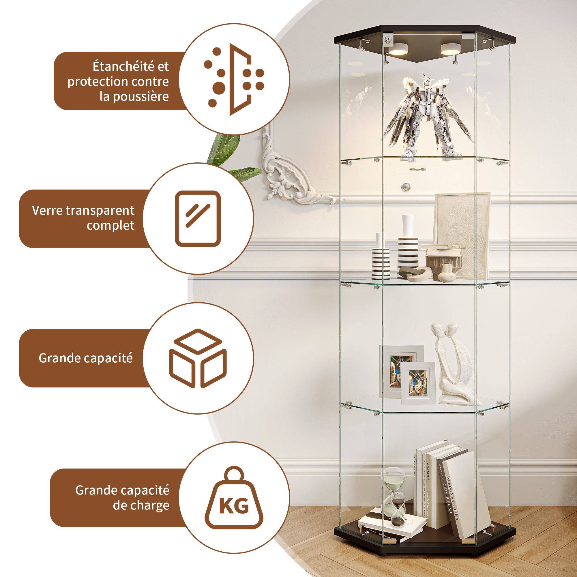 LED Vitrine, Vitrine en Verre, Vitrine pour collection Transparent en verre 4 Couches avec 1 Porte, pour salon et chambre à coucher,cinq angles,noir - 7