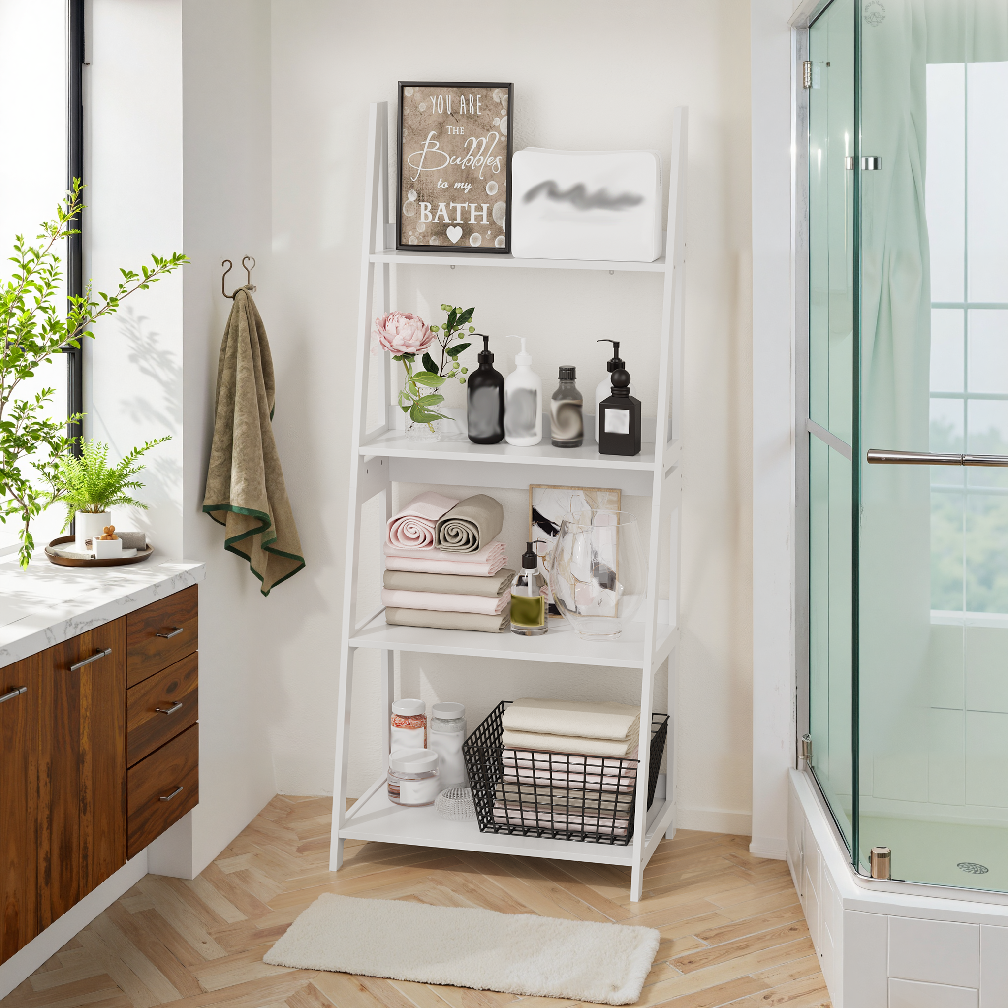 Étagère échelle 63x39x150 cm, présentoir, étagère à 4 niveaux, étagère de rangement, pour salle de bain/bureau/salon, blanc - 5