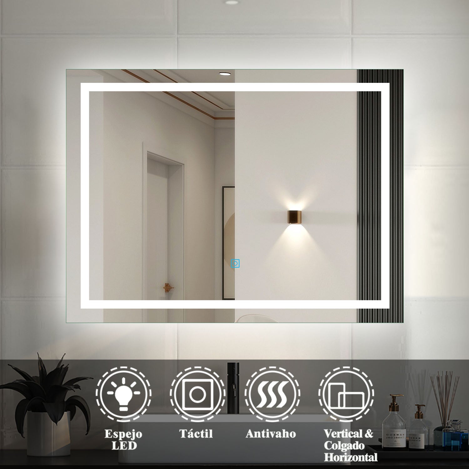 80 x 60 cm Espejo de baño led con iluminación, botón táctil,antivaho - 2