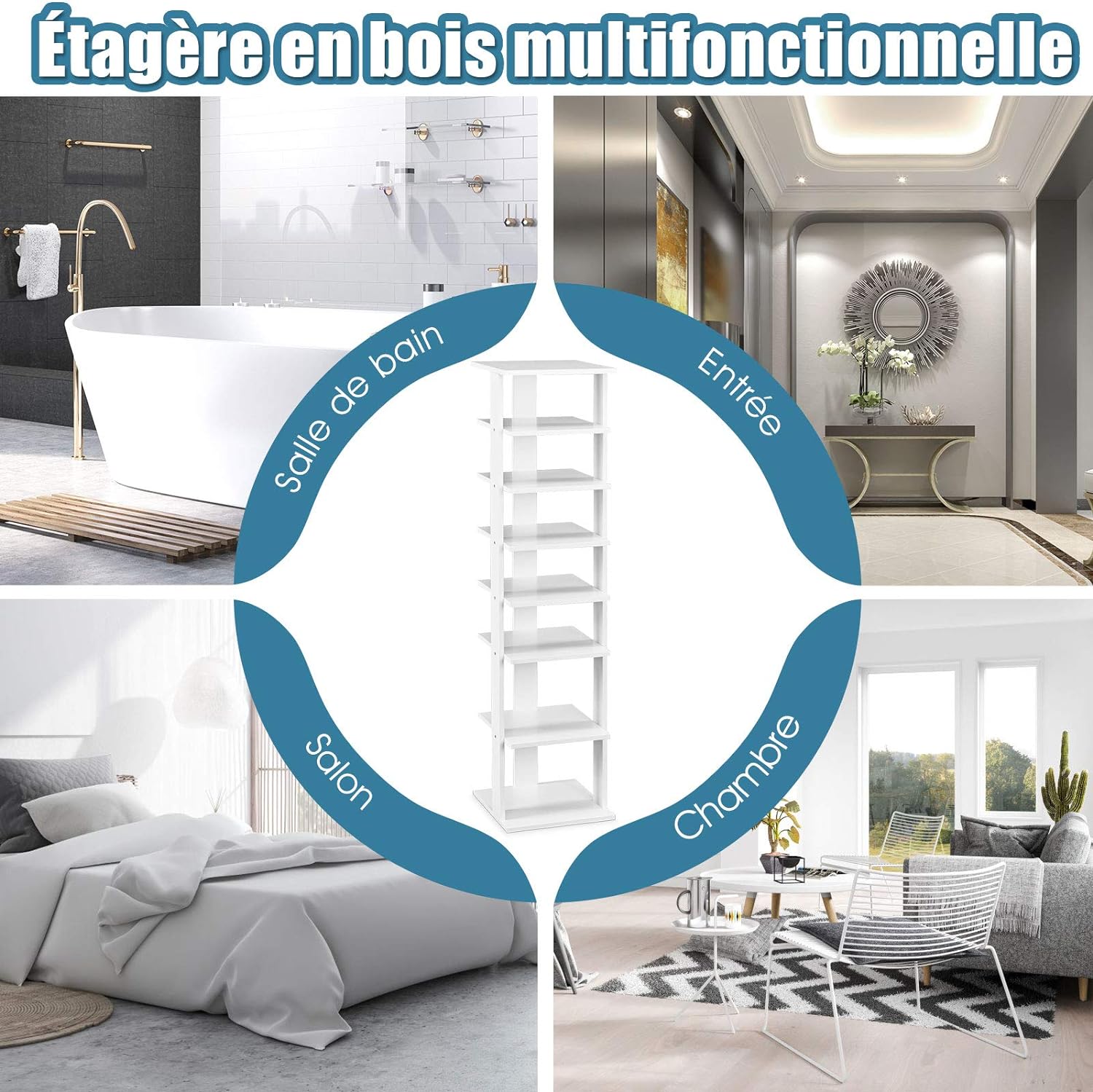 Étagère à Chaussures à 7 Niveaux, Range-Chaussures Vertical et Compact en Hauteur Différente, pour Couloir Salon Entrée 27,5 x 26,5 x 110 CM (Blanc) - 4