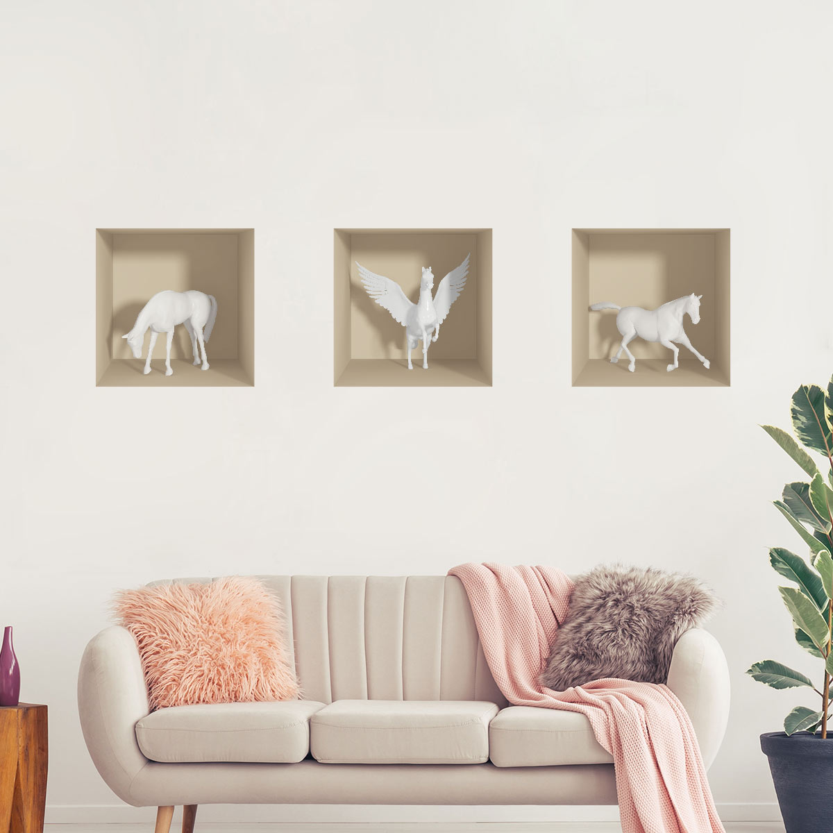 Pegatina de efecto 3d horses - adhesivo de pared - revestimiento sticker mural decorativo - 30x90cm