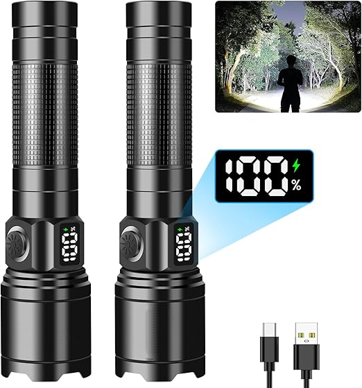 Latarka LED 100000 lumenów, ładowana przez USB, daleki zasięg, wodoodporność IP65, do biwakowania, pieszych wędrówek i nagłych wypadków