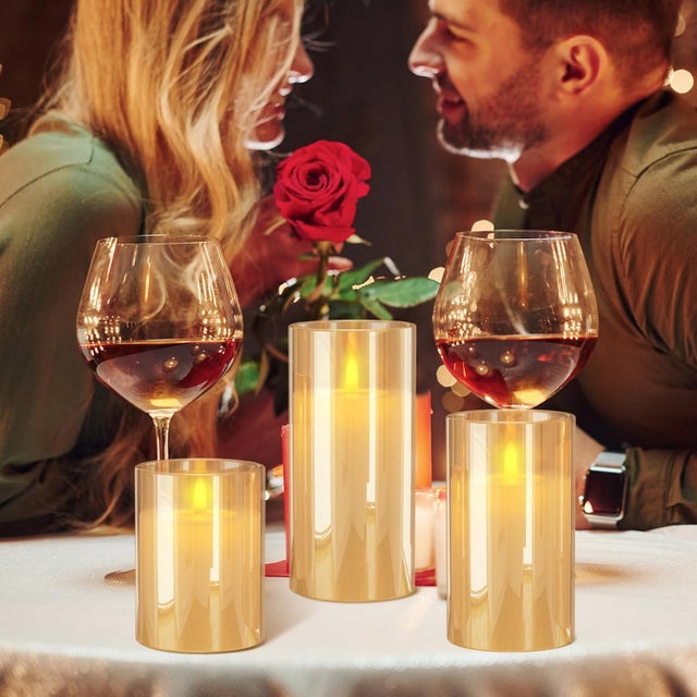 Lot de 3 bougies LED rechargeables en verre avec télécommande, bougies décoratives scintillantes sans flamme pour fêtes et anniversaires