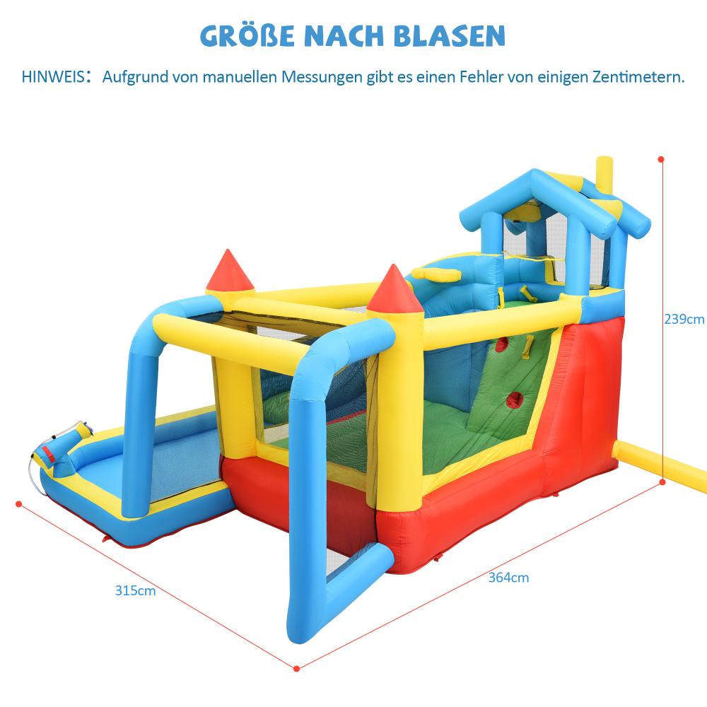 Castelo insuflável 5-em-1 para crianças 3-10 anos – escorrega, piscina, futebol, tamanho 364×315×239 cm. - 2