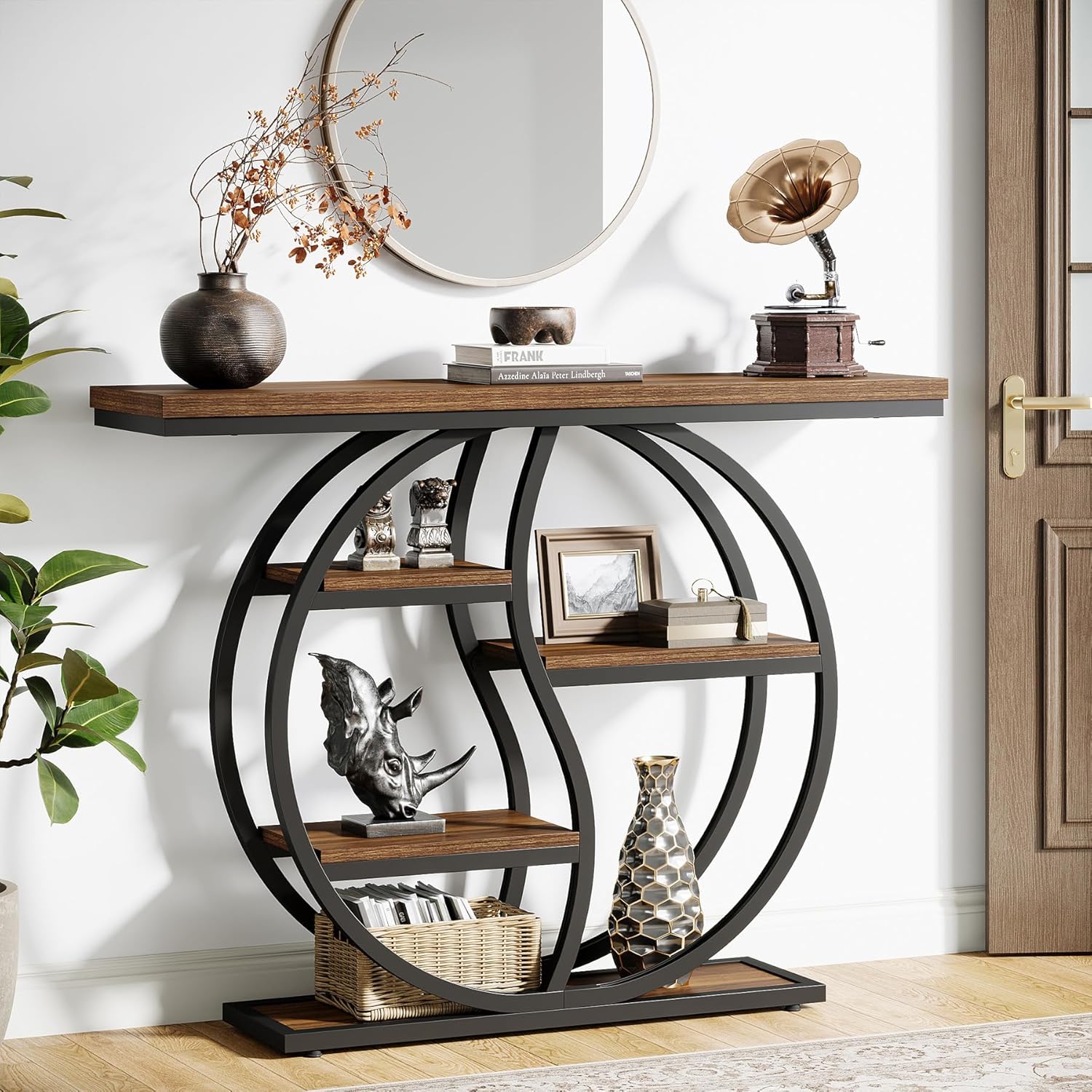 Stół konsolowy Tribesigns 120 cm wąski z 5 półkami, styl industrialny z okrągłą podstawą, rustykalny brązowy stół ze schowkiem do salonu i sypialni