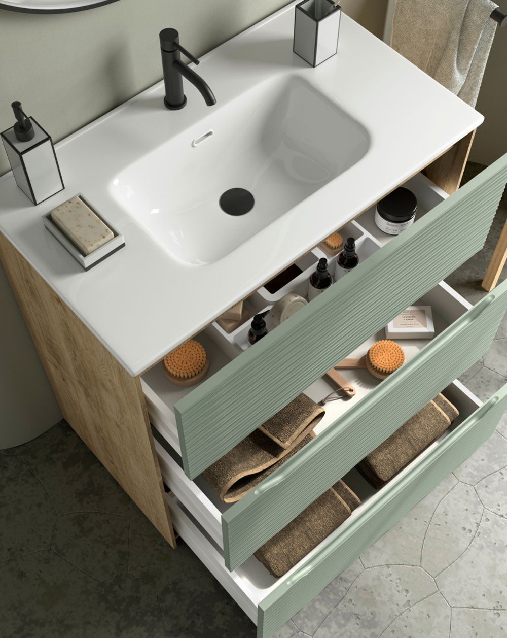 Mobili da bagno a muro con lavandino in ceramica | Chiusura e organizzatore per 3 cassetti | Lavabo in ceramica | Quercia naturale - Foglia | 100cm - 3