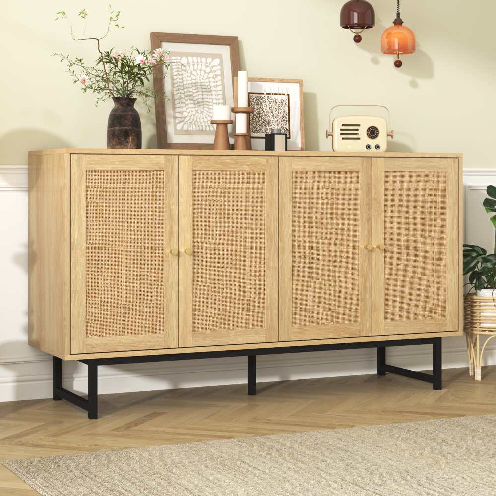Komoda 140x39,5x80 cm z naturalnego rattanu, 4 drzwi, styl drewniany z matowymi złotymi uchwytami - 4