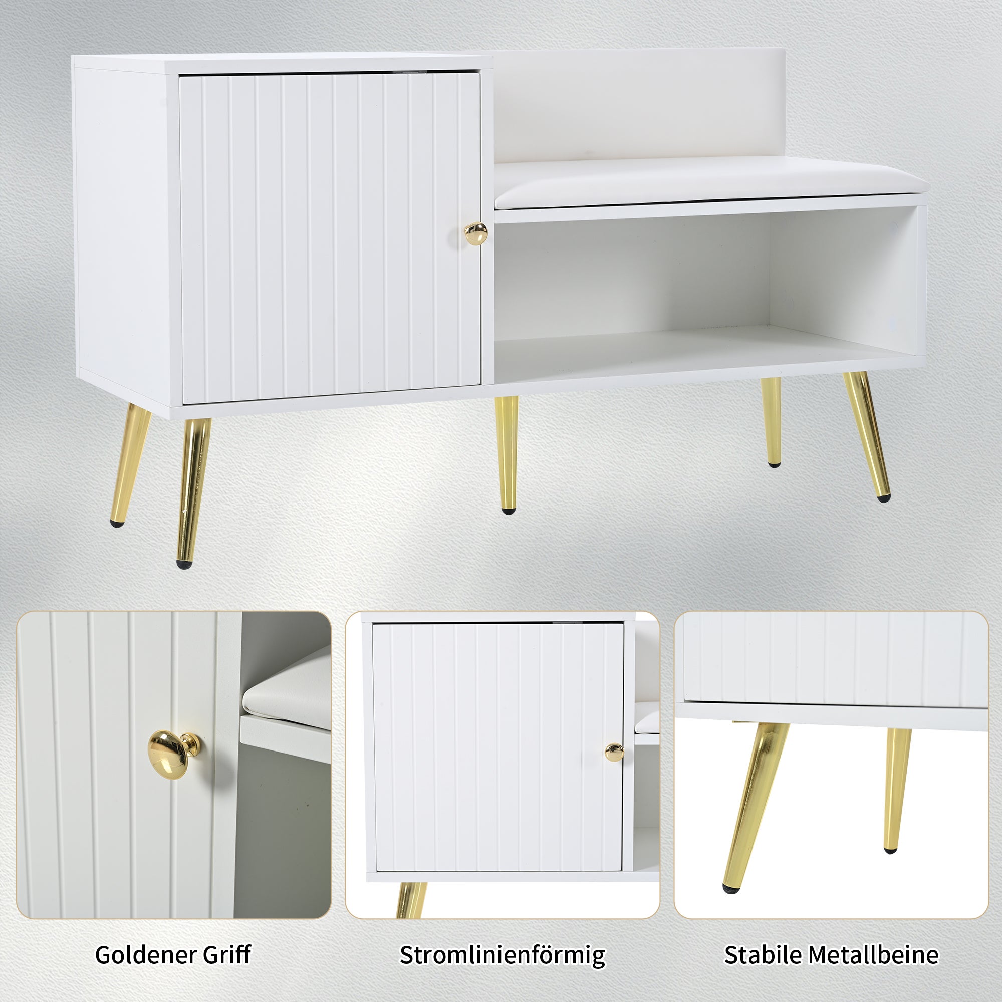 Commode à chaussures moderne luxueuse blanche, siège rembourré avec dossier, poignées/pieds métalliques, idéal entrée, dims: L100×P40×H58 cm - 5