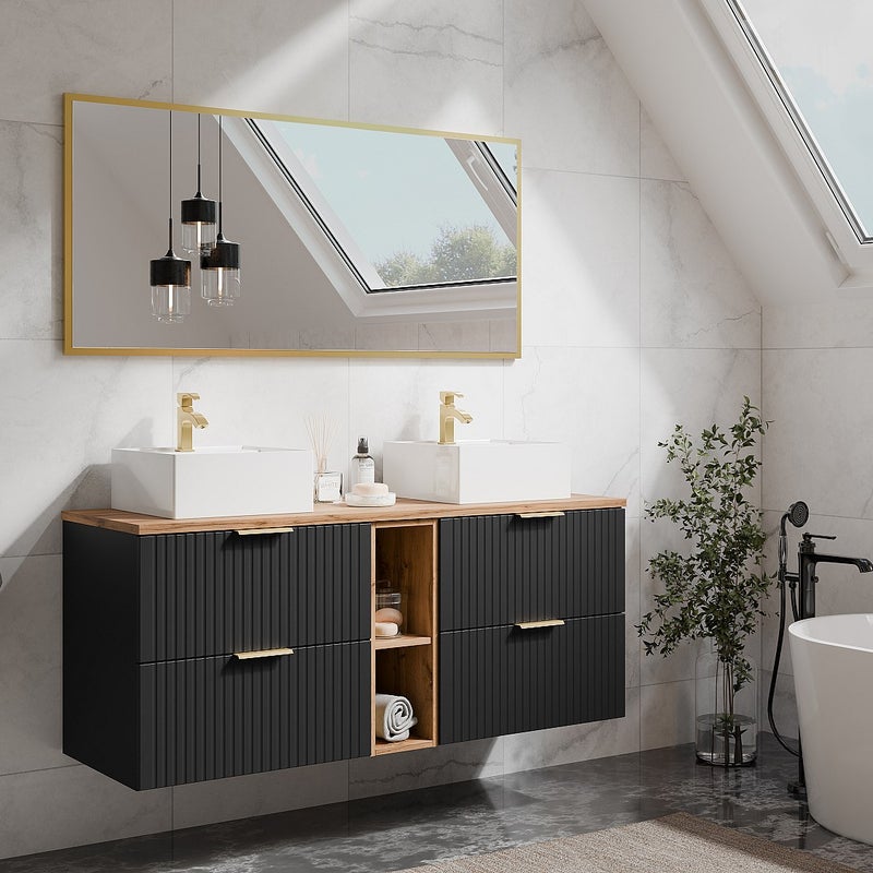 Szafka łazienkowa wisząca ryflowana z wnękami i dwoma kwadratowymi umywalkami nablatowymi - Czarny i naturalny jasny - szer. 140 cm - ZEVARA