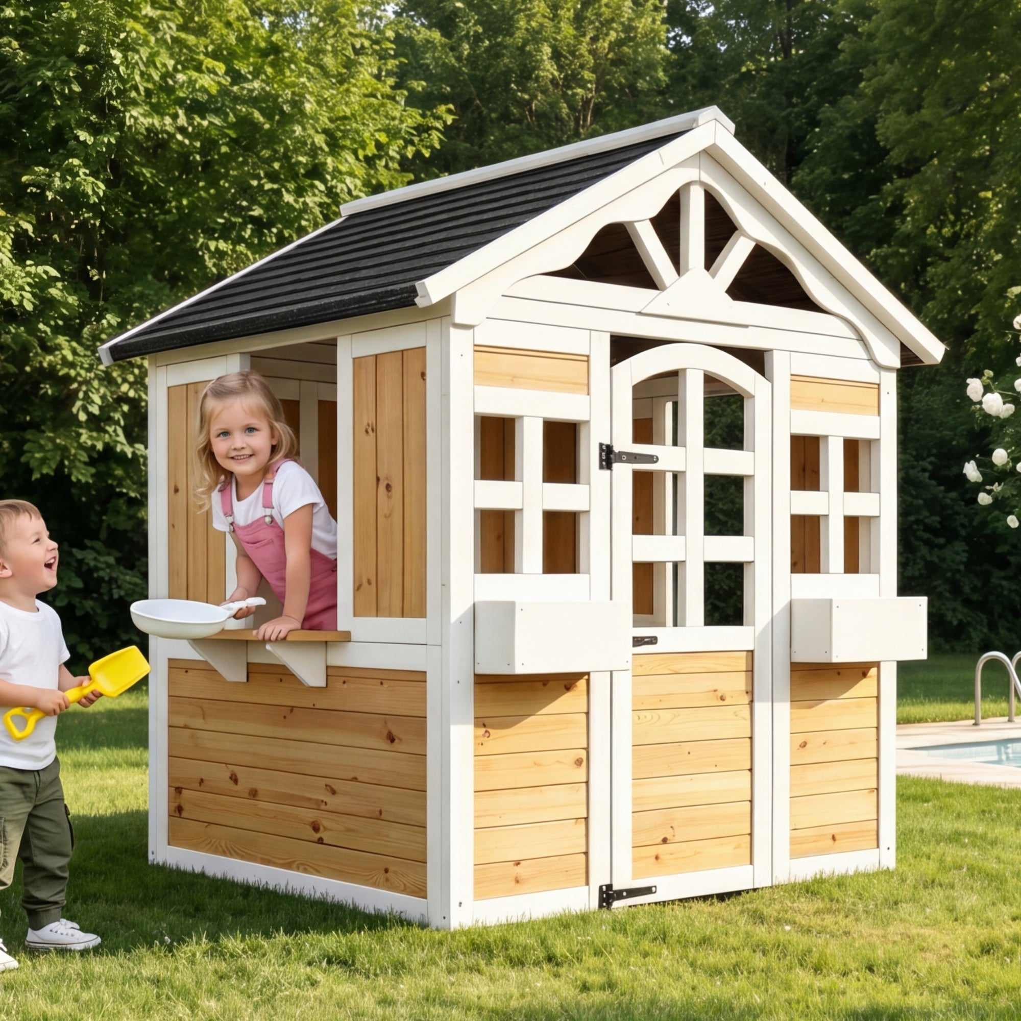Maisonnette de jardin pour enfants en bois de sapin, cabane outdoor avec fenêtre de vente, jardinière et toit résistant, certifiée EN 71 - naturel - 5