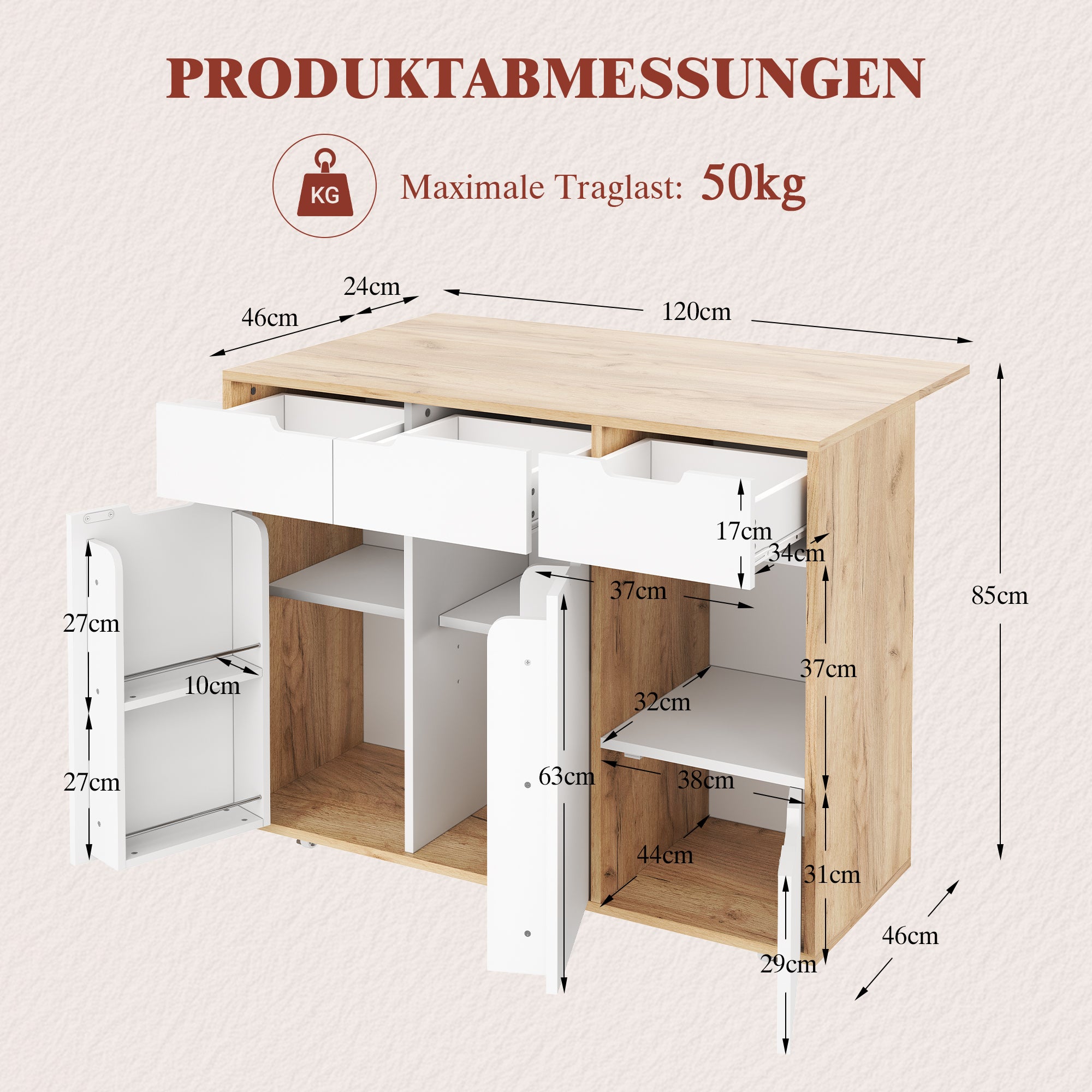 Mueble de almacenaje con ruedas, 120x46x85 cm, cajones y puertas, compartimentos abiertos, blanco y efecto madera - 4