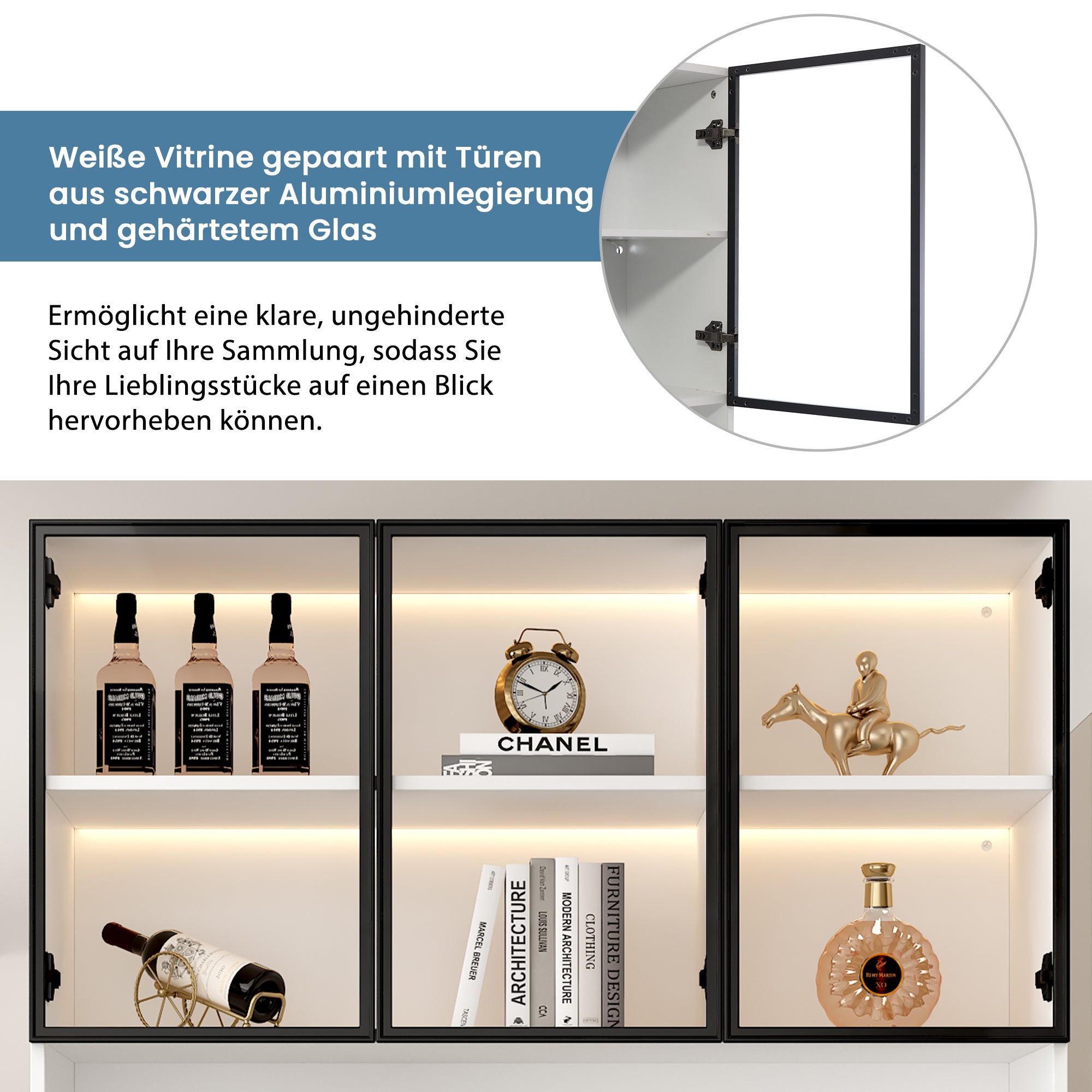 Vitrine avec 6 portes en verre et 3 tiroirs - 120 x 36 x 200 cm - LEDs - Panneaux de particules - Blanc - 9