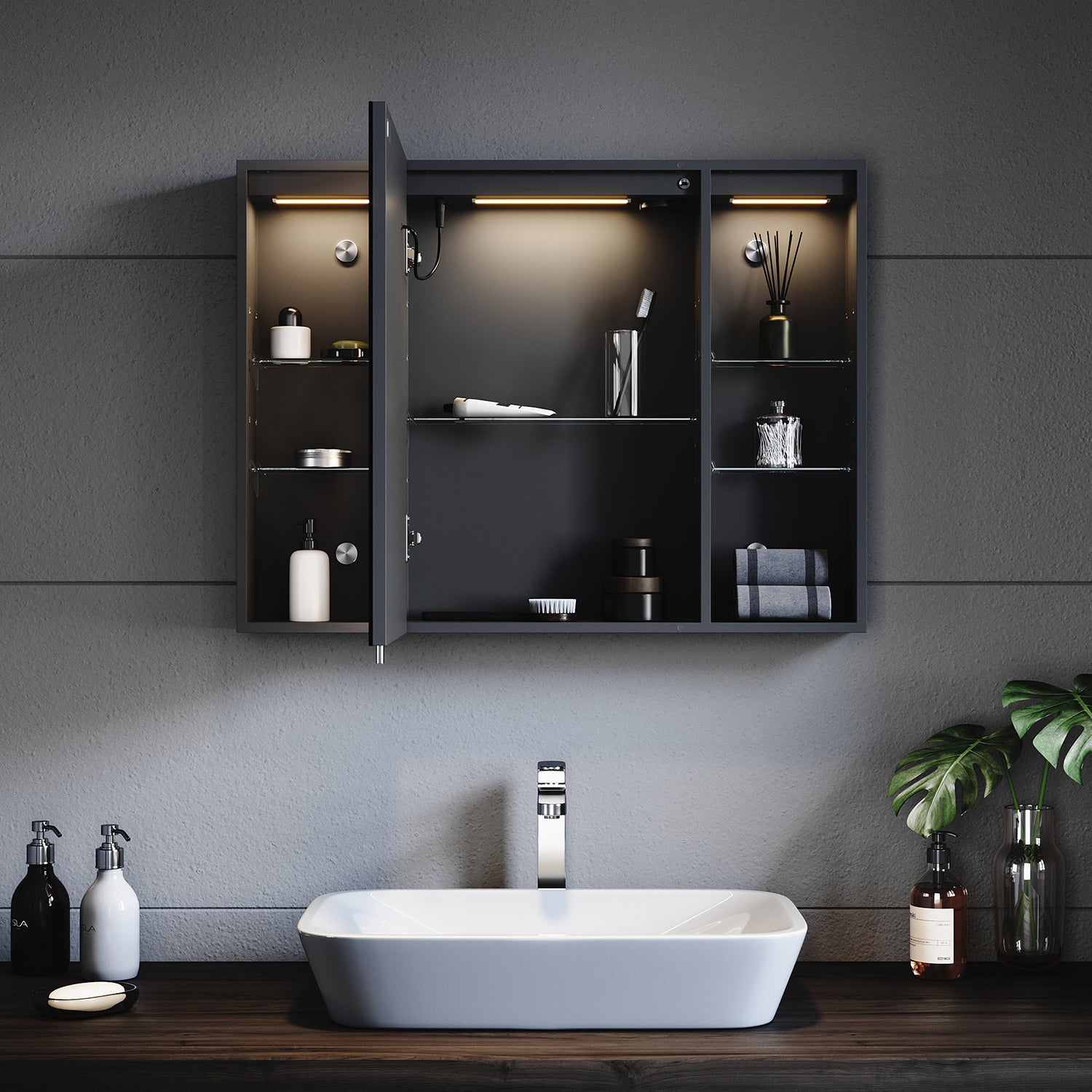 Armoire De Salle De Bain Stella Trading SPICE Avec Éclairage LED - Noir Mat 60 X 66,5 X 20 Cm