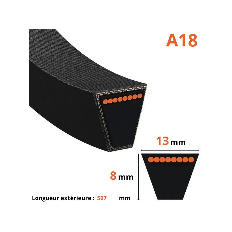 Courroie Trapézoïdale Lisse A18 – 507 Mm Extérieur – Section 13x8 Mm – Compatible BOUYER, DALOZ, NORLETT, STAFOR