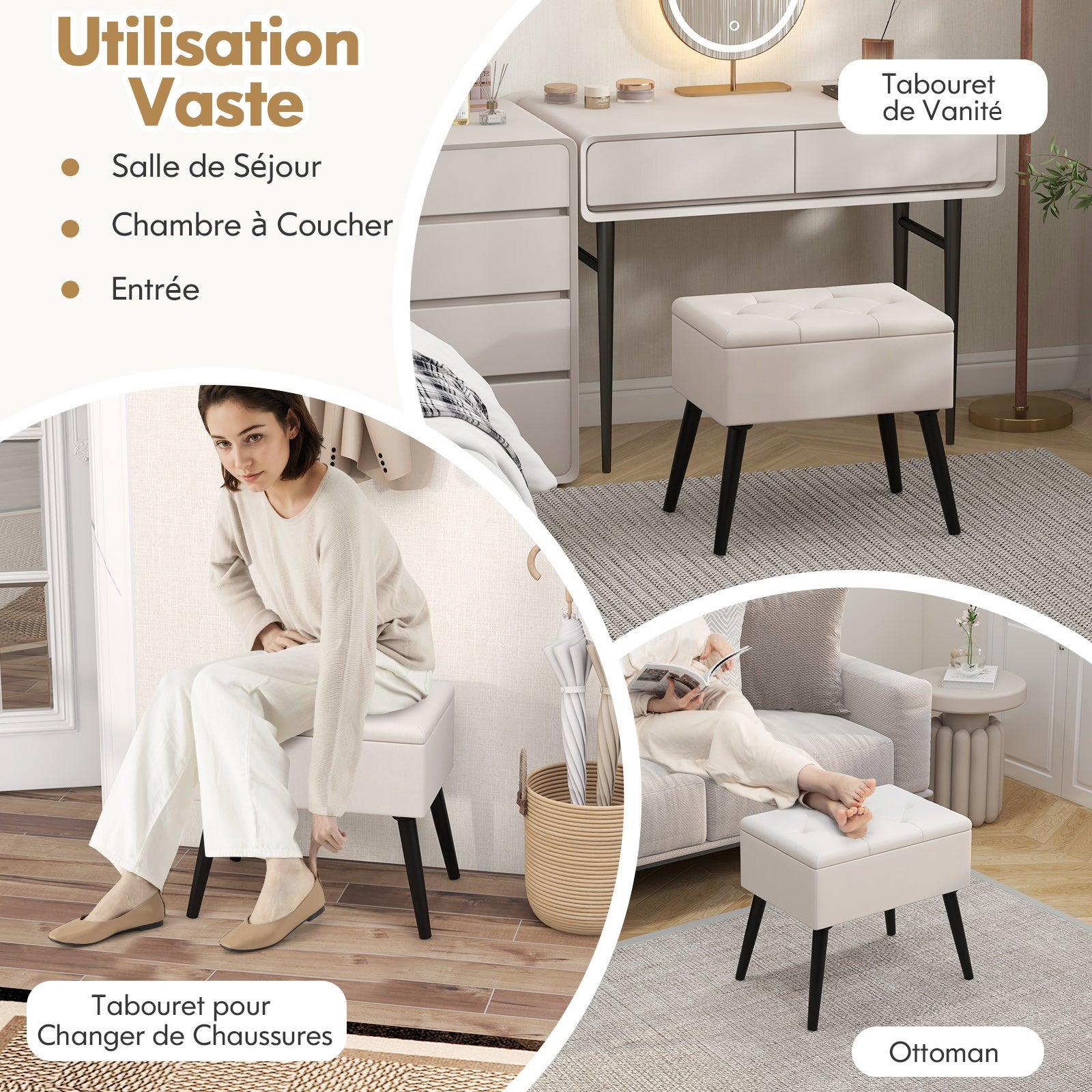 Tabouret Coiffeuse Rond En Velours Rembourré COSTWAY - Pouf Rose Avec Base Métal, 35x35x41 Cm