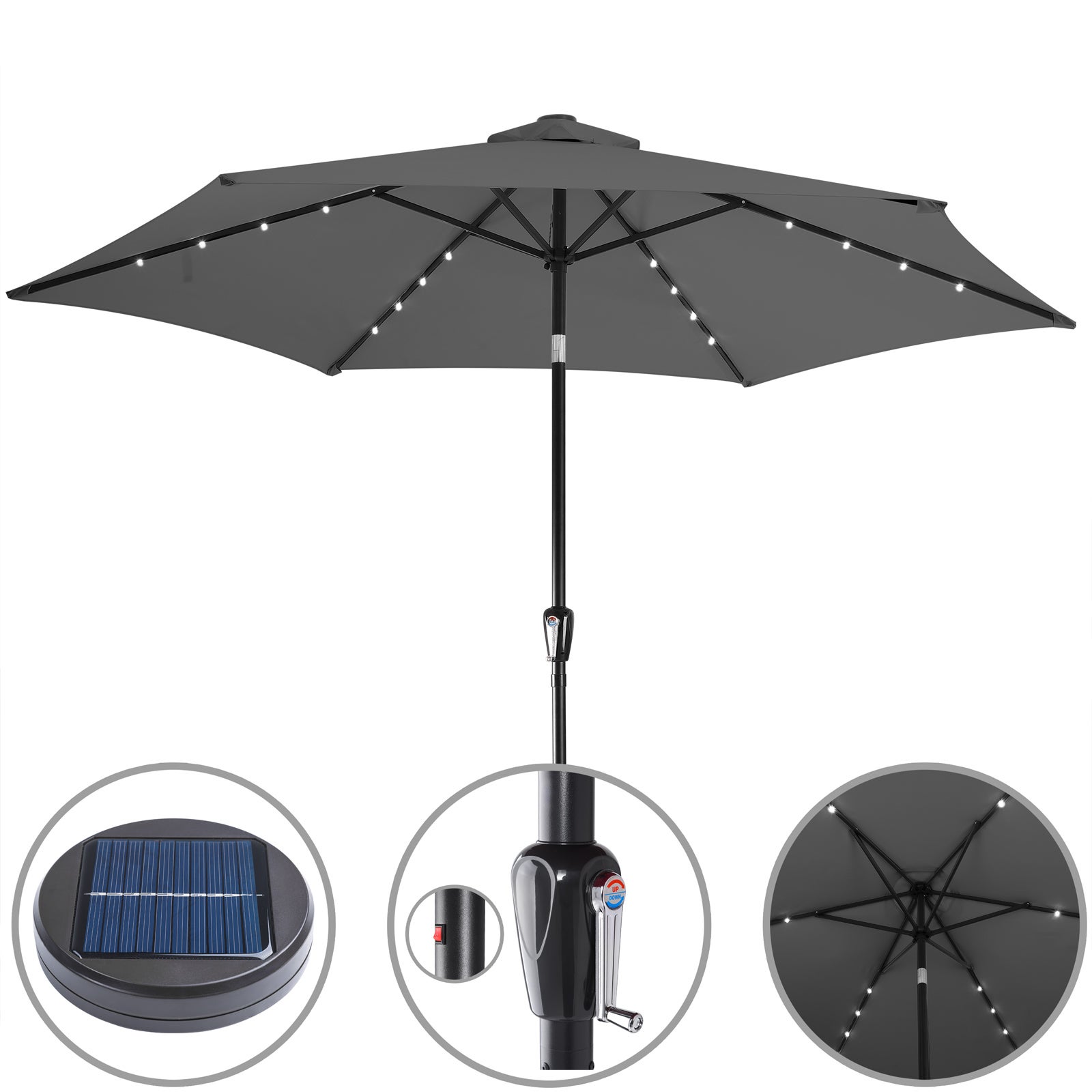 KINGSLEEVE® Parasol de jardin extérieur LED solaire 270cm anthracite Pare-soleil inclinable avec manivelle Protection UV 80+ - 2