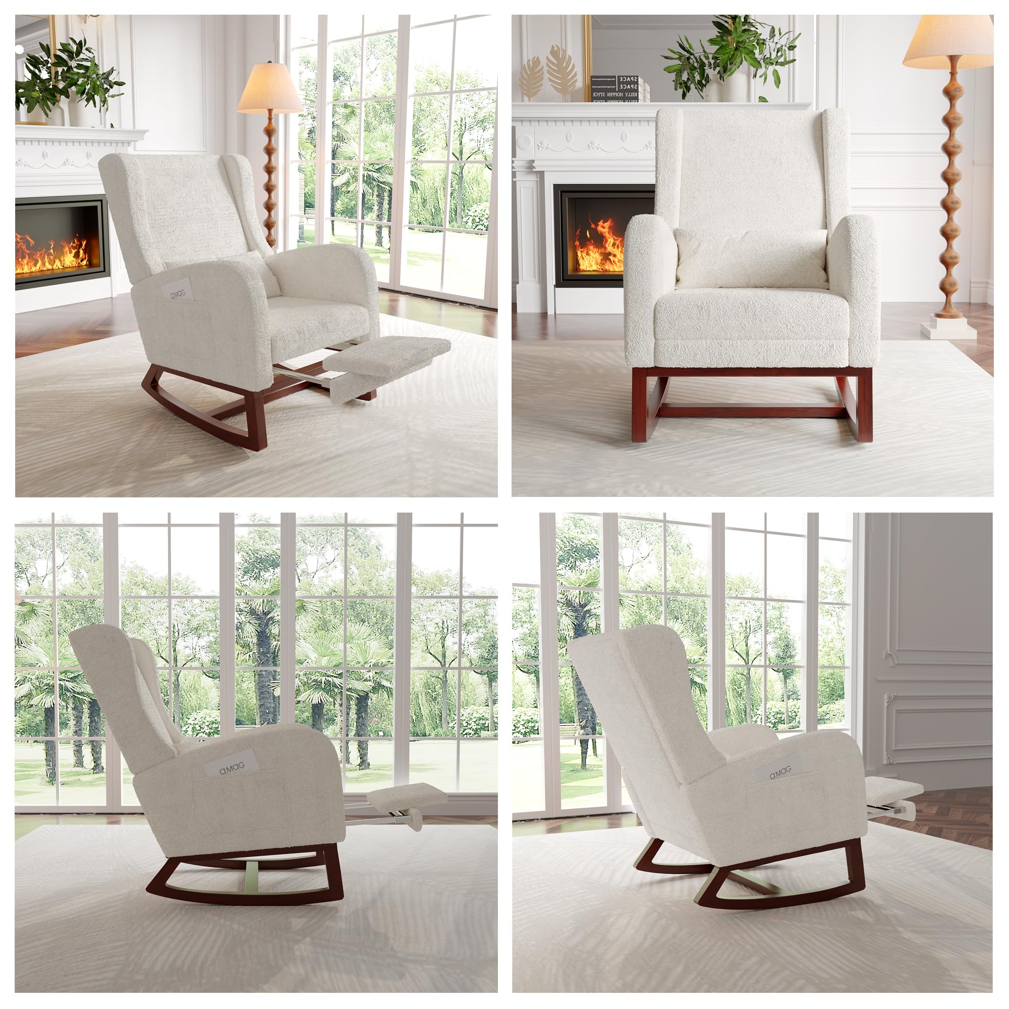 Fauteuil à Bascule Blanc, Rocking Chair, revêtement Bouclette, Fauteuil d'allaitement avec Repose-Pieds Coussin Lombaire Pieds en Bois Massif - 6