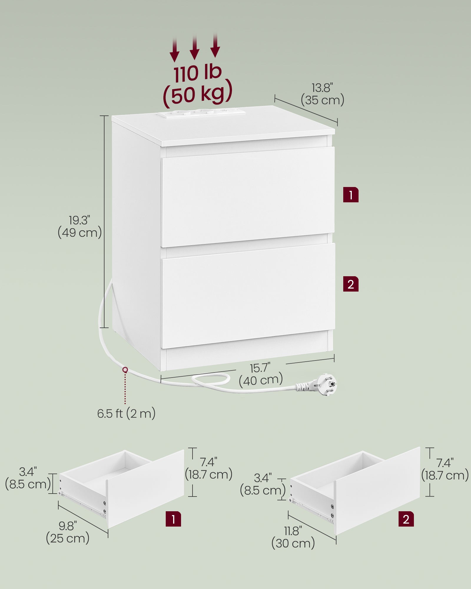 Lot de 2 Table de Chevet avec Multiprise, 2 Tiroirs, 2 Prises CA,2 Ports USB-A, pour Salon, Chambre, Bureau, Moderne, Blanc Nuage - 5