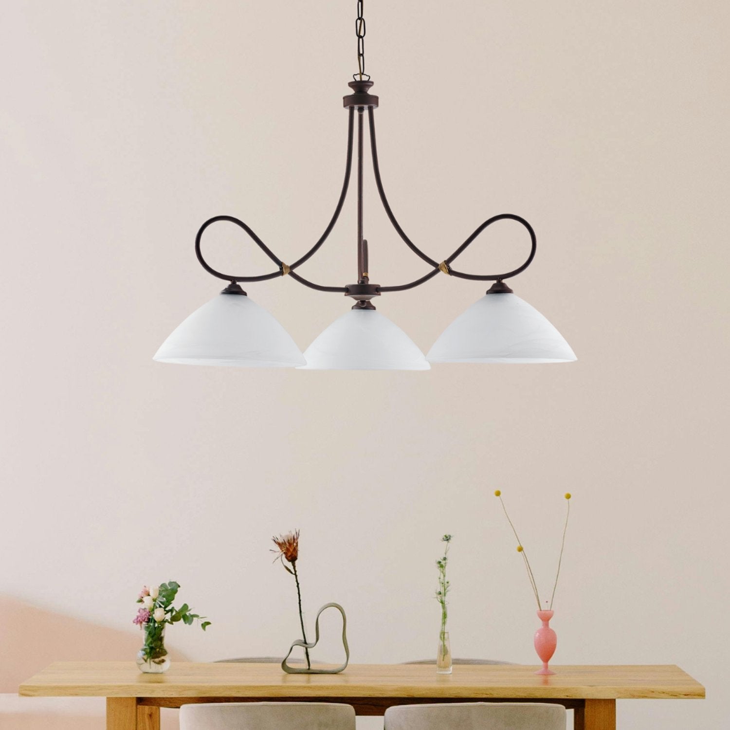 Lustre Dallas noir, effet rouille et or antique, verre albâtre d.13, 3 lumières ambiance loft ou rétro - 3