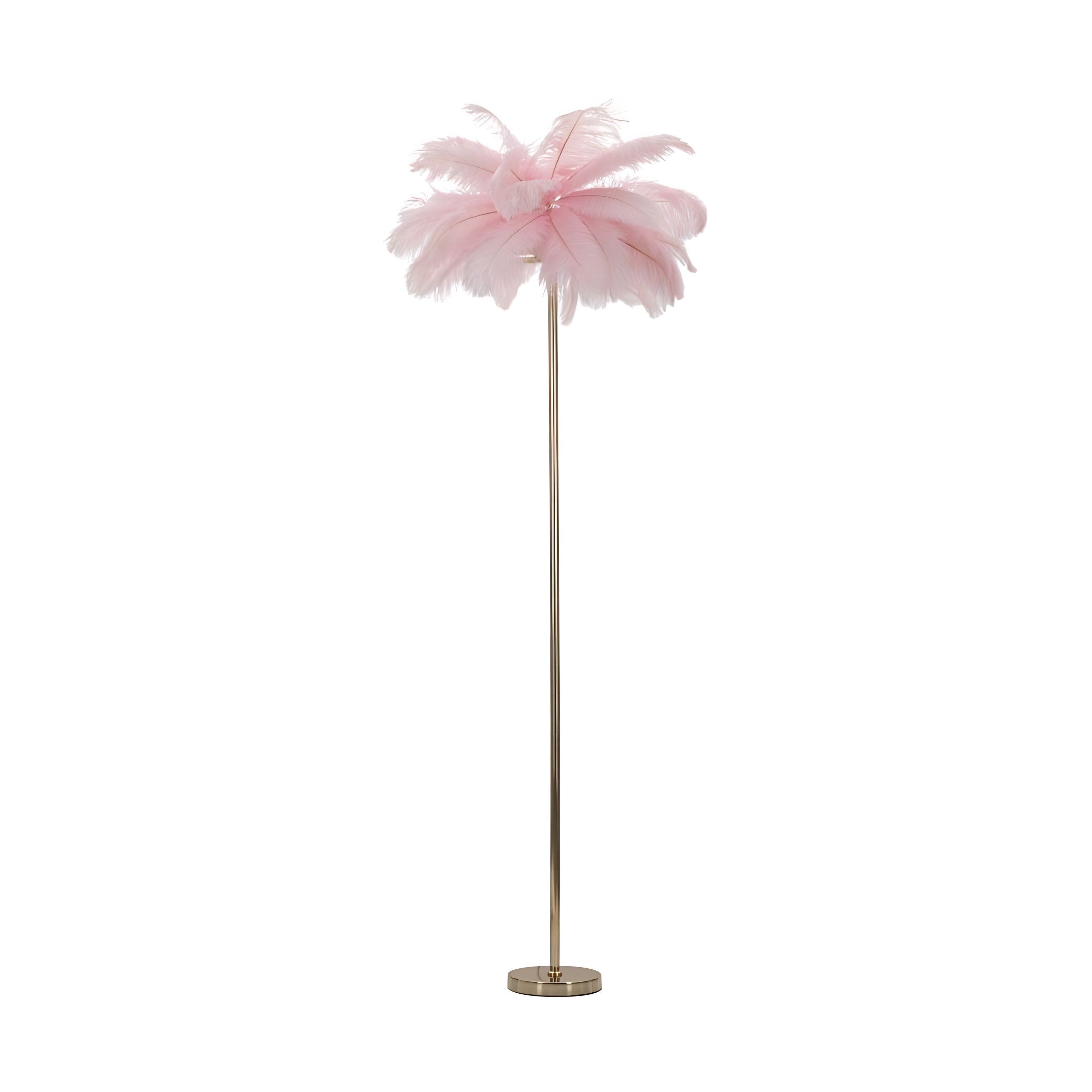 Lampă de podea „Pink Palm” – Lampă de podea cu 3 becuri E14 din metal de culoare aurie cu abajur din pene roz, Ø 55 x 160 cm