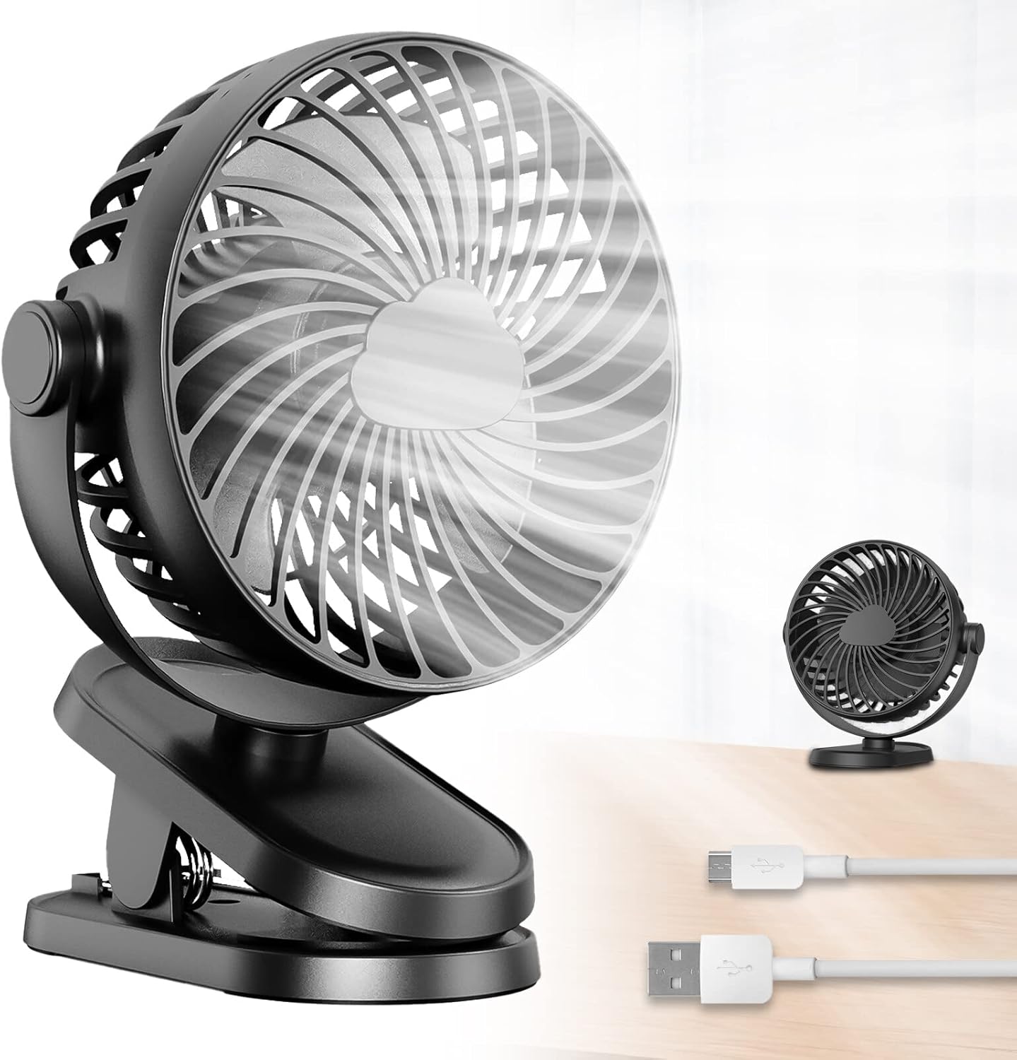 Mini wentylator USB stołowy z klipsem, cichy wentylator stołowy z klipsem z akumulatorem 10 000 mAh, 3 prędkości 360°, 2 w 1