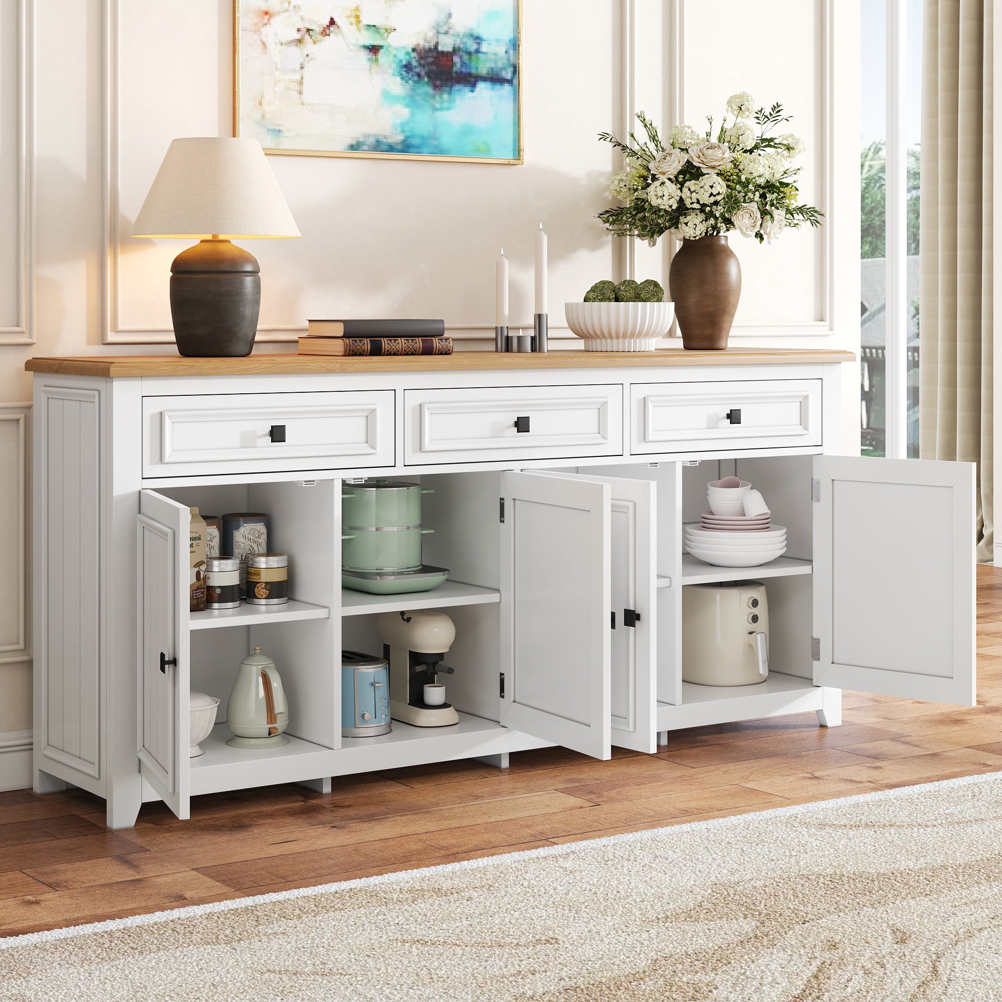 Nowoczesny buffet 160x35x76 cm - 3 szuflady i 4 fronty - Regulowane półki - MDF - Biały - 3