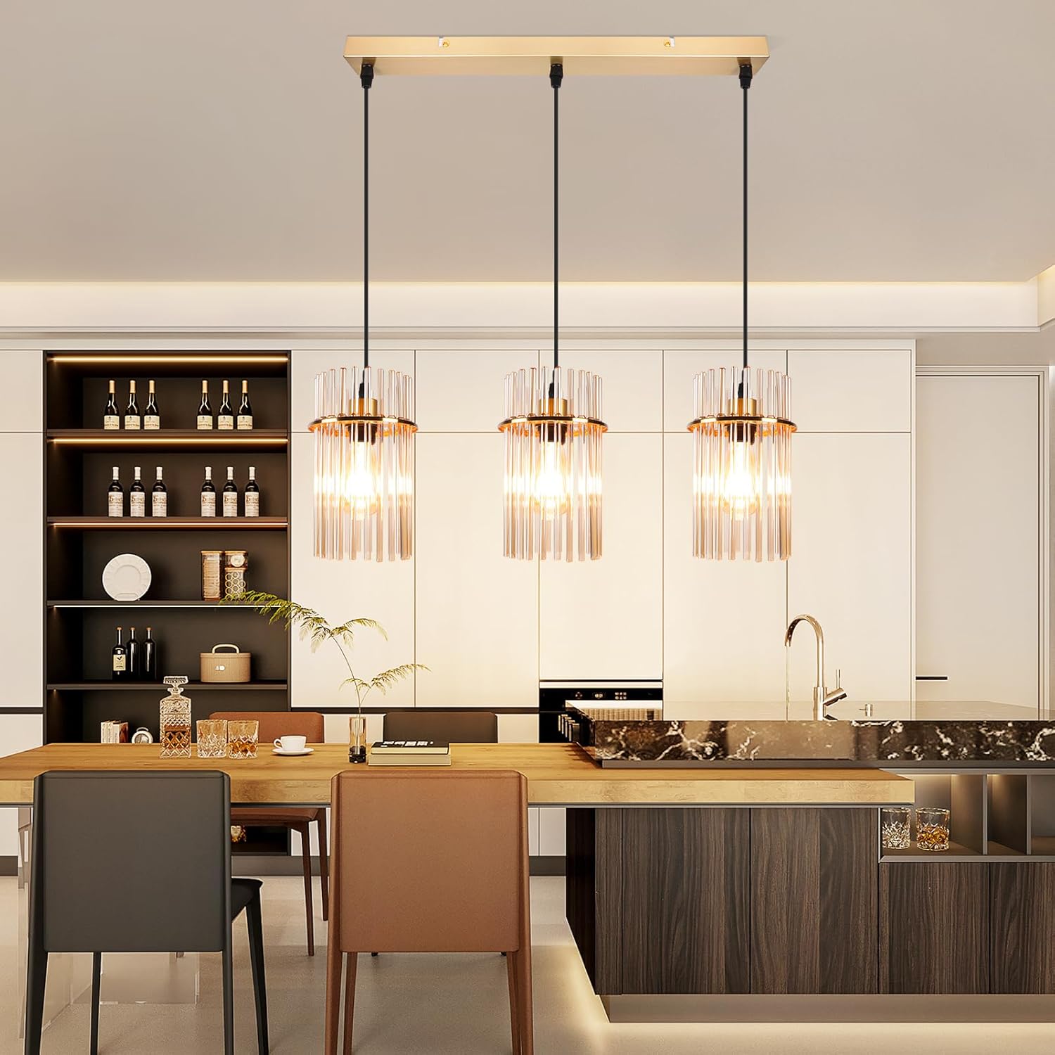 Candeeiro Pendente Vintage Gold Nettlife, 3 Lâmpadas em Vidro, Casquilho E27, Ø 16 cm, para Mesa, Cozinha (sem lâmpadas). - 5