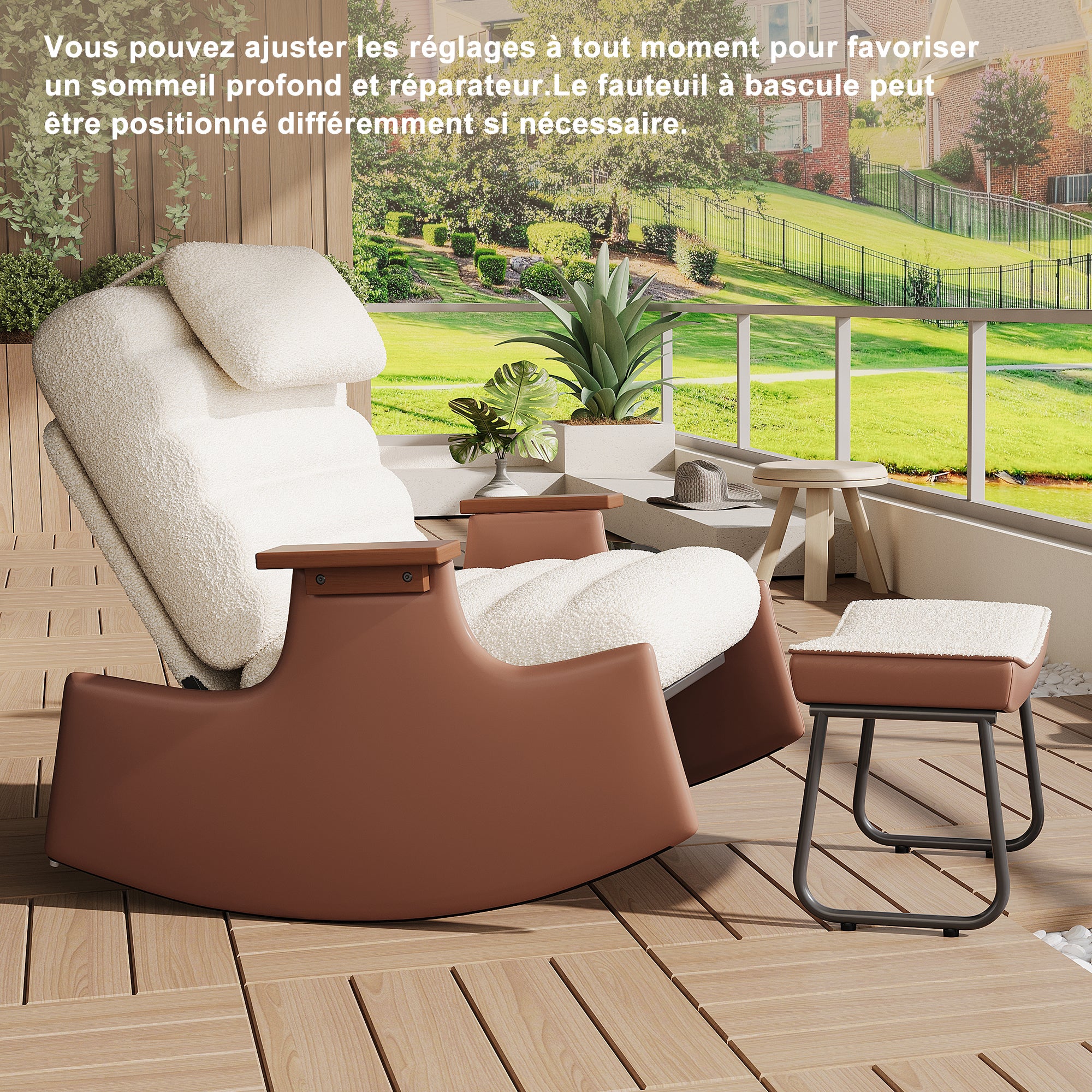 Fauteuil a Bascule avec Repose Pieds, Chaise a Bascule Allaitement Réglable 3 Positions Rocking Chair Intérieur Extérieur avec Coussin, Laine d'agneau - 6