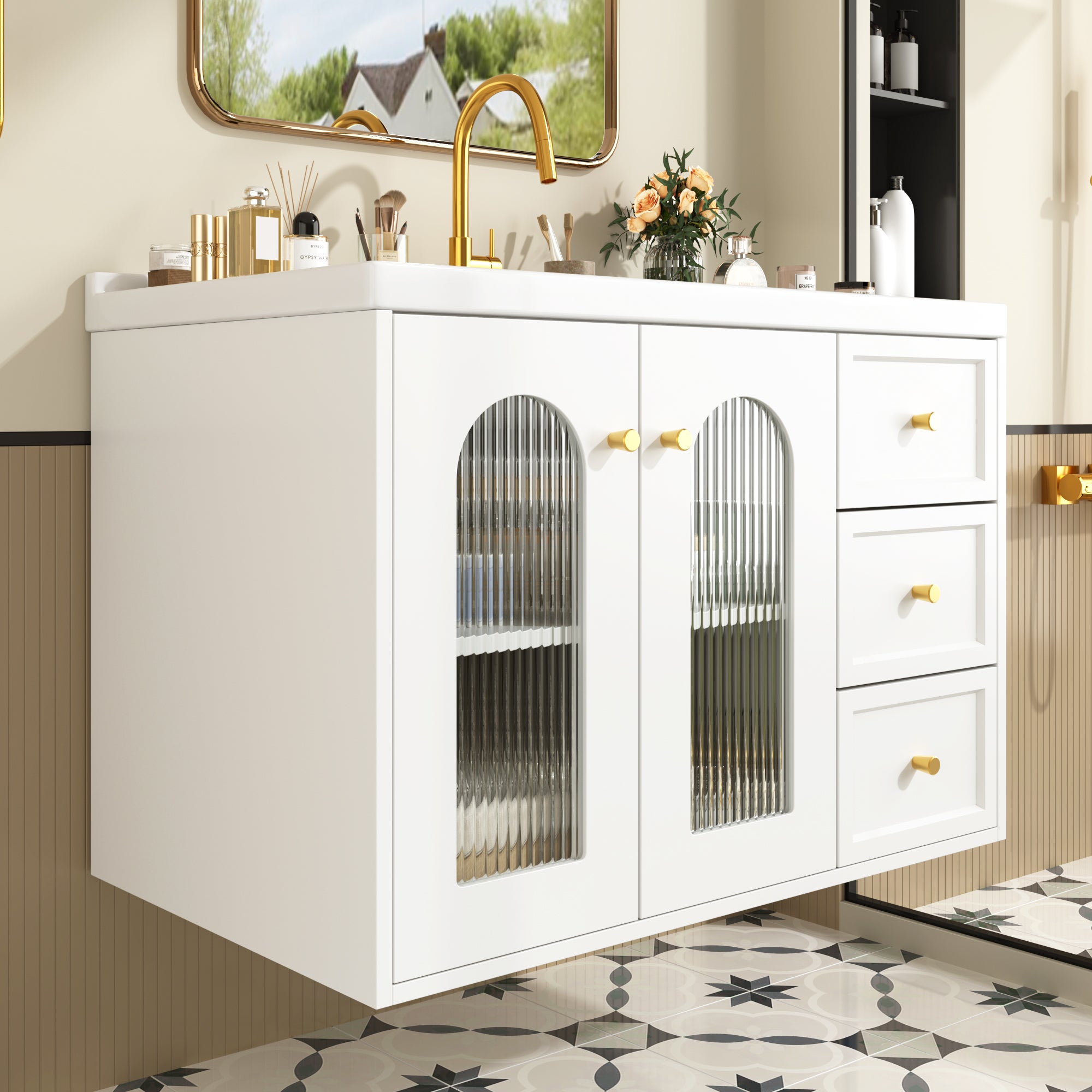 Meuble de Salle de Bain Suspendu 80 cm avec Vasque Céramique, Tiroirs ...