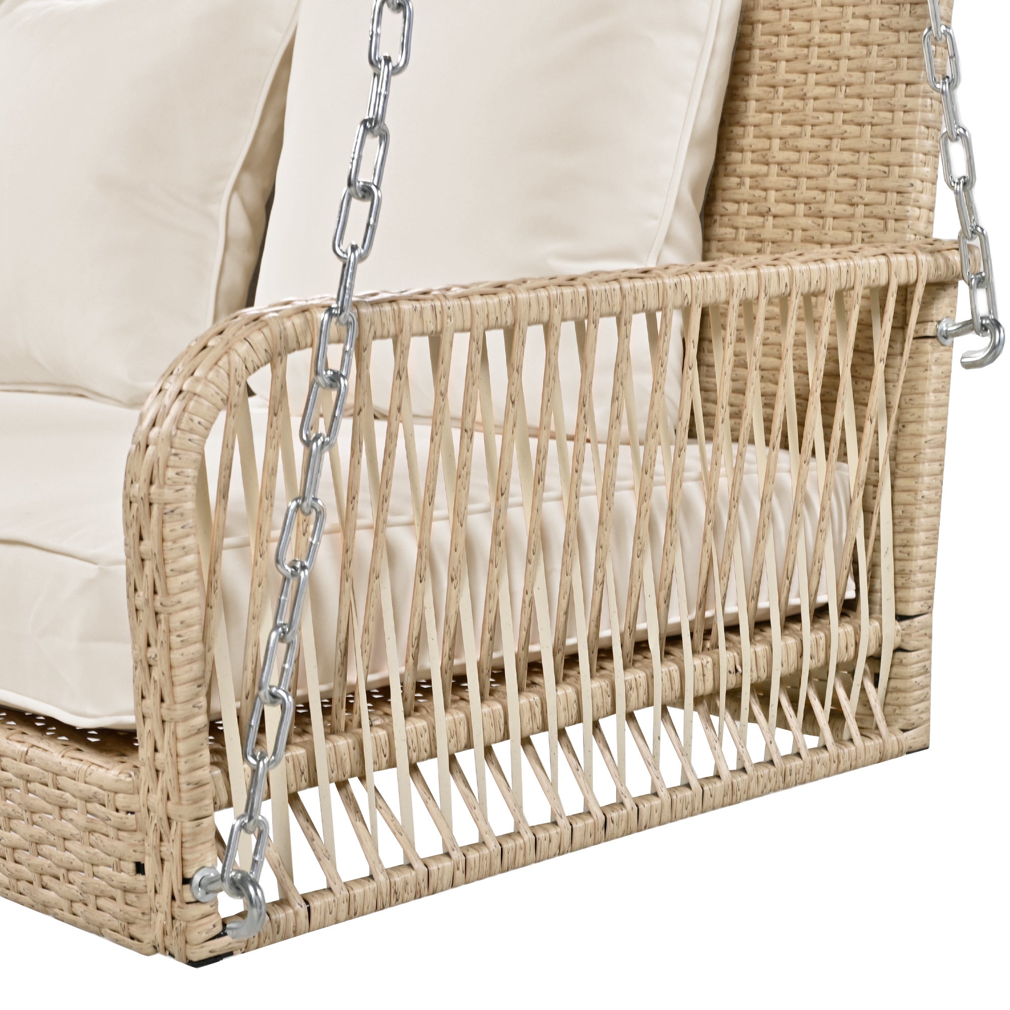 Balançoire canapé d'extérieur 2 places en rotin beige | Coussins amovibles et lavables (assise/dossier) - 9