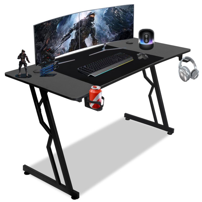 Biurko gamingowe, 120*60 cm, w kształcie litery Z, podstawka pod monitor, uchwyt na kubek, haczyk na słuchawki, kolor czarny