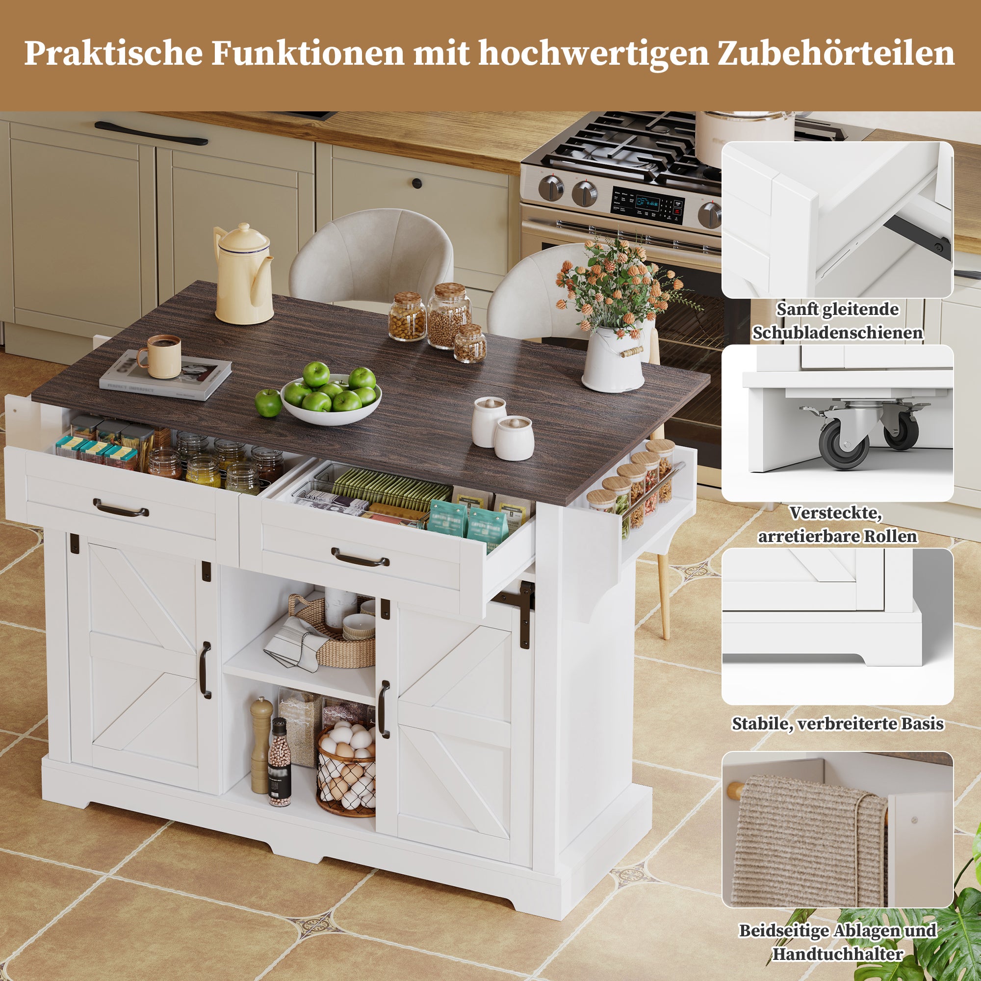 Mobilna i rozkładana wyspa kuchenna z 2 drzwiami przesuwnymi i 2 szufladami - 120 x 45/70 x 91 cm - MDF - Biała - 4