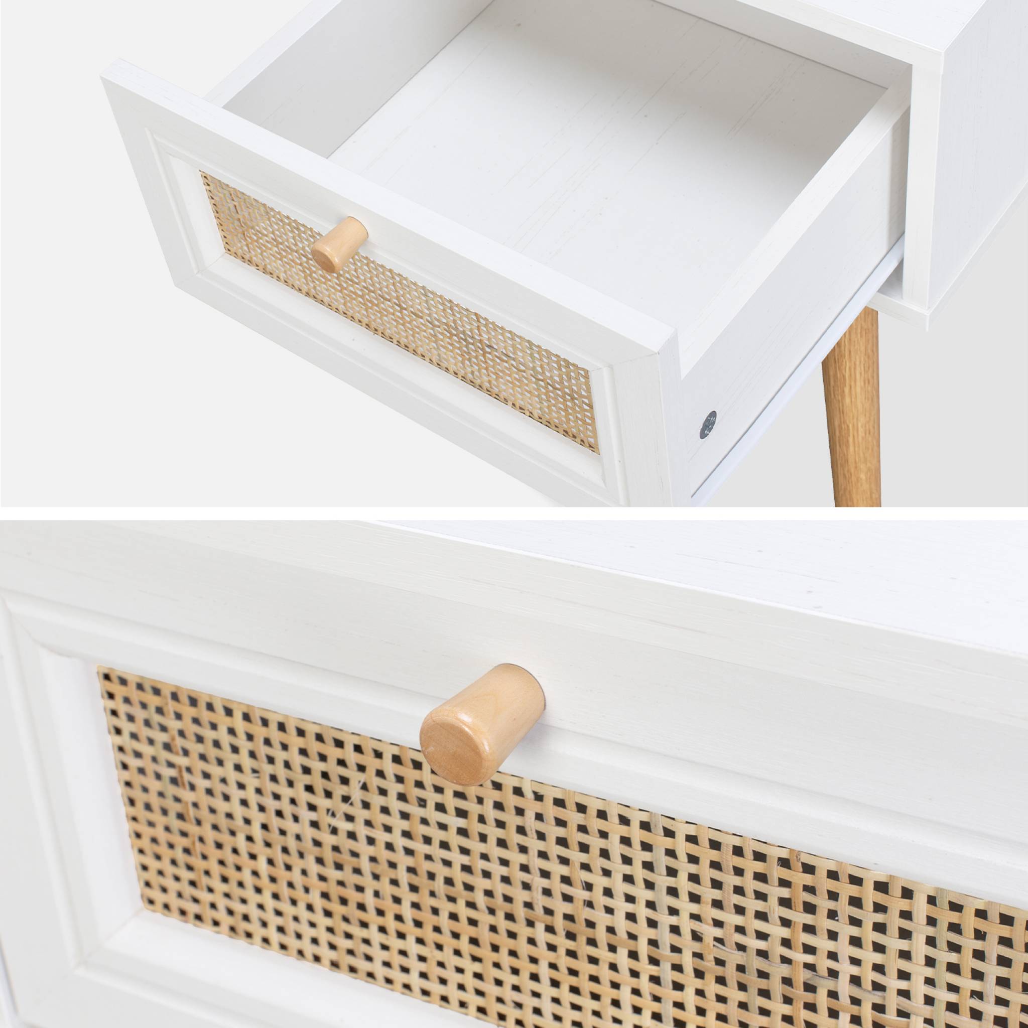Mesita de noche de 1 cajón con efecto madera y caña, set de 2, Blanco roto - 9
