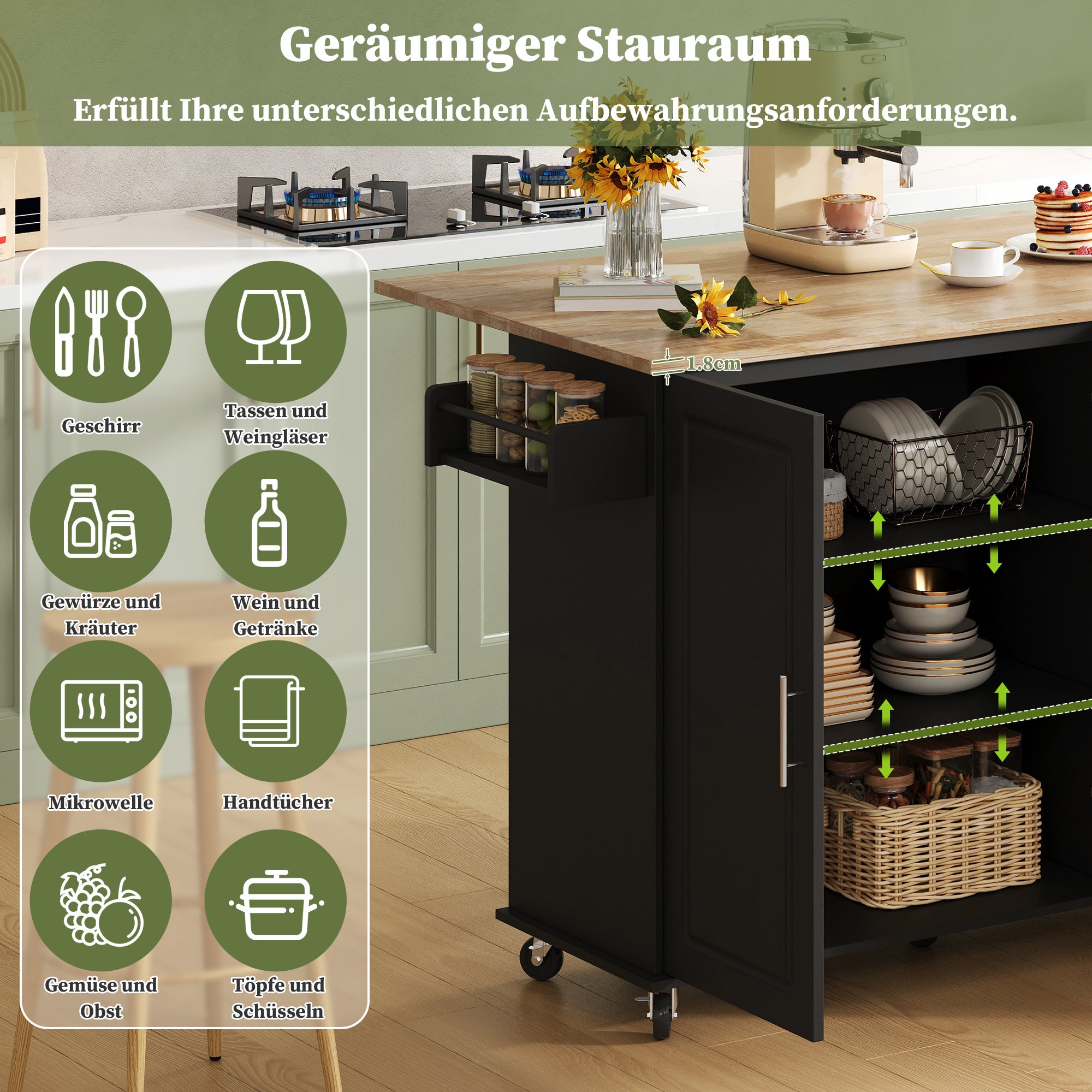 Ilot central de cuisine 137x43-76x92 cm - Plateau extensible, Cuisine multifonction avec 3 Tiroirs et Porte-Serviettes Plan de Travail en Chêne, Noir - 5