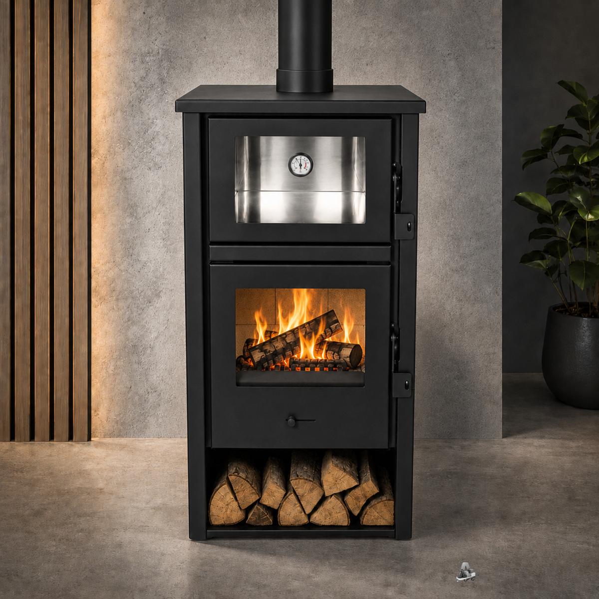 Estufa de leña con horno 9.7 kW clase A salida 150 mm para 210 m³