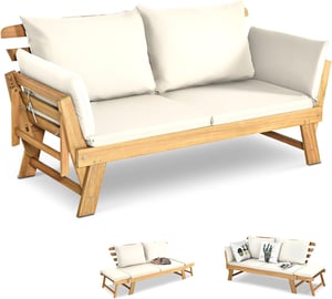 3 en 1 Canapé Lit de Jardin Extensible 2 Places Bois Acacia FSC Charge 320 KG-Accoudoirs Réglables/Coussins/Dossier Amovibles Blanc