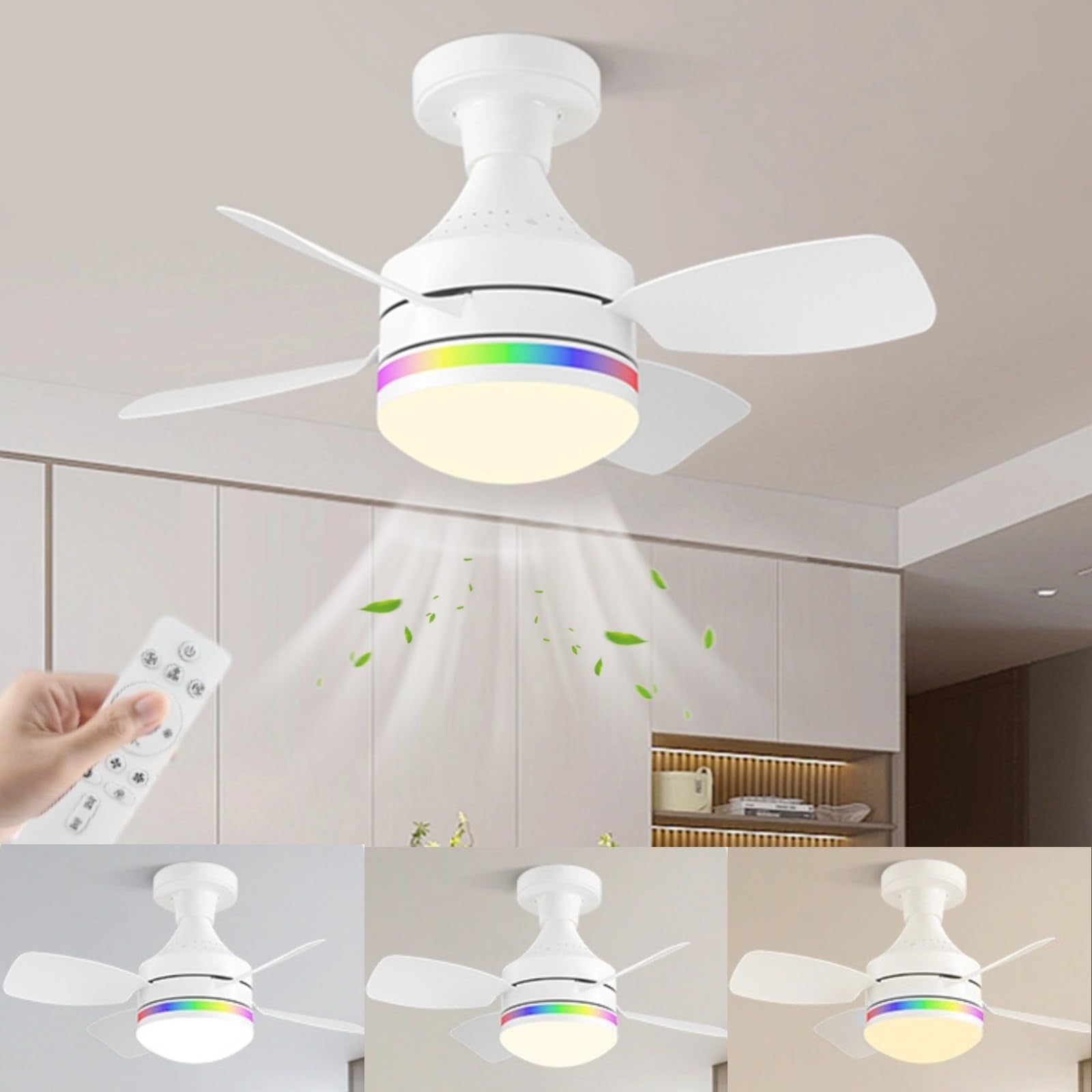 Cichy żyrandol LED, wentylator 4-łopatkowy, gwint E27, biały, trzykolorowy + ściemniacz RGB, 85-240 V, podstawa + przedłużacz 20 cm