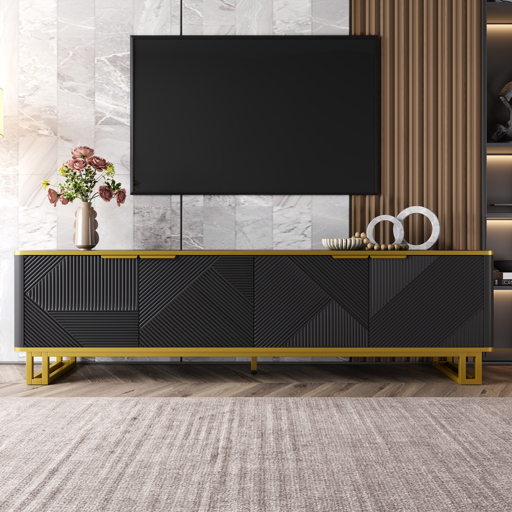 Stojak pod TV z 4 drzwiami - 160 x 37,5 x 48 cm - MDF i nogi z metalu w kolorze złotym - Czarny - 8
