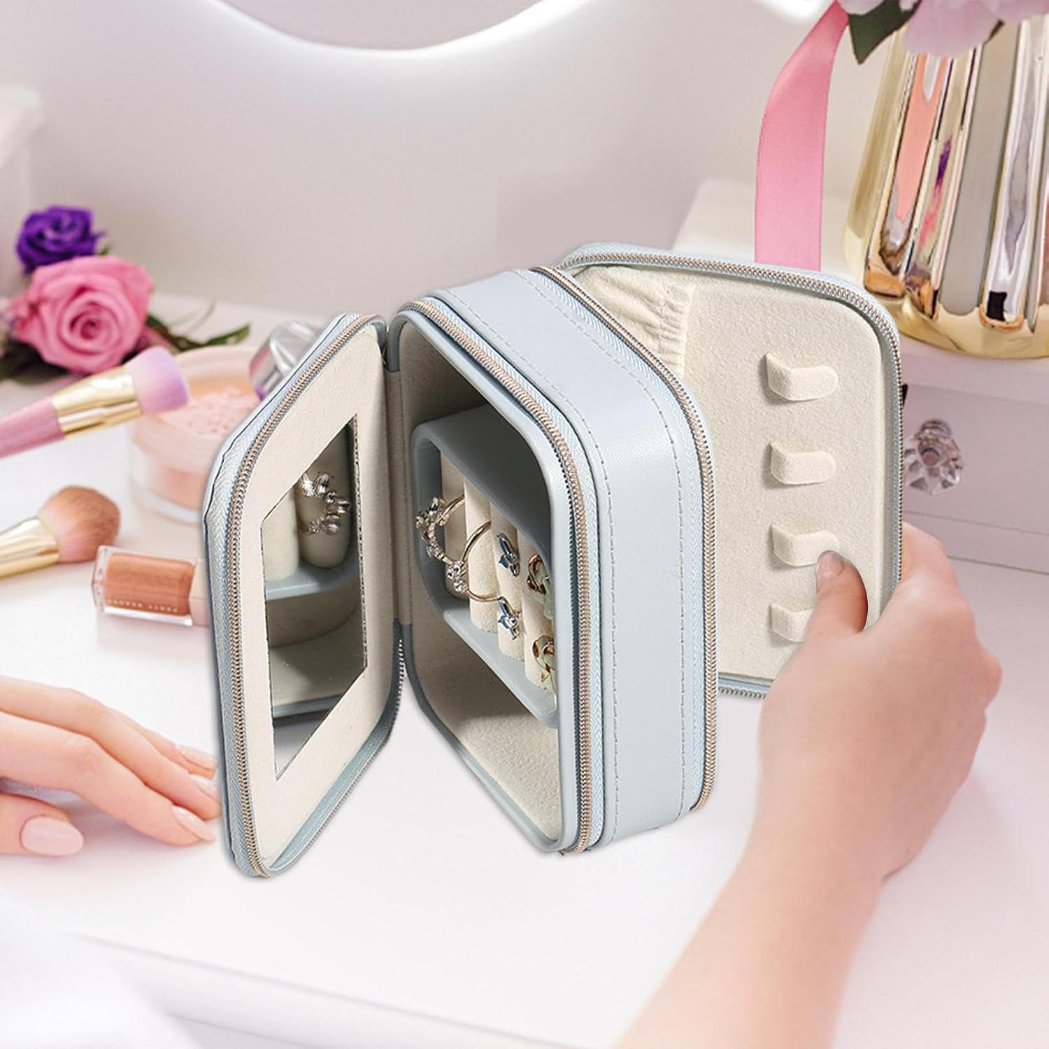 2 Portagioie Da Viaggio Piccoli Con Cerniera – Custodia Compatta Per Anelli E Orecchini, Ideale Per Regalo - 2