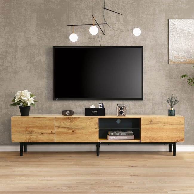 Nowoczesna szafka pod telewizor z regulowanym oświetleniem LED, wykończenie z teksturowanego drewna, 175 cm – minimalistyczny i funkcjonalny design