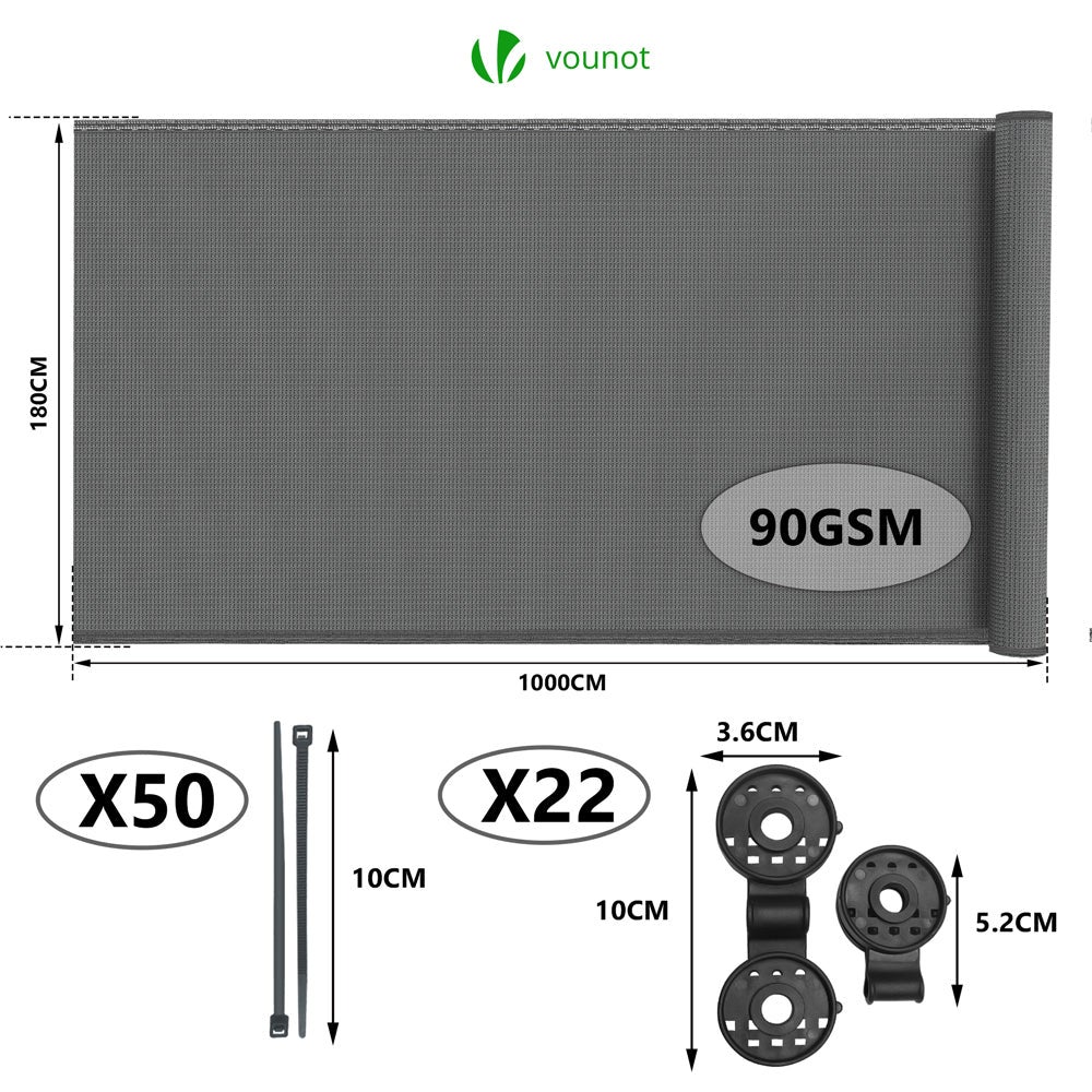 Brise vue occultant en HDPE 90g/m² 1.8x10m avec attaches de fixation gris VOUNOT® - 2